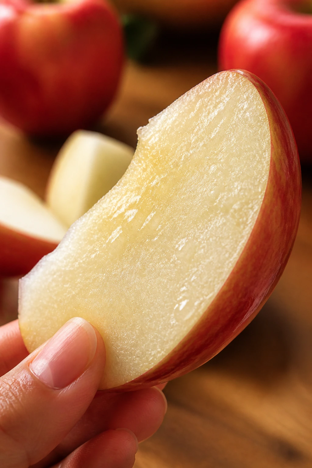 Smitten Apple: Nutrition Facts, Health Benefits, And More 8 Juicy Smitten apple slice held by fingers with juice droplets.