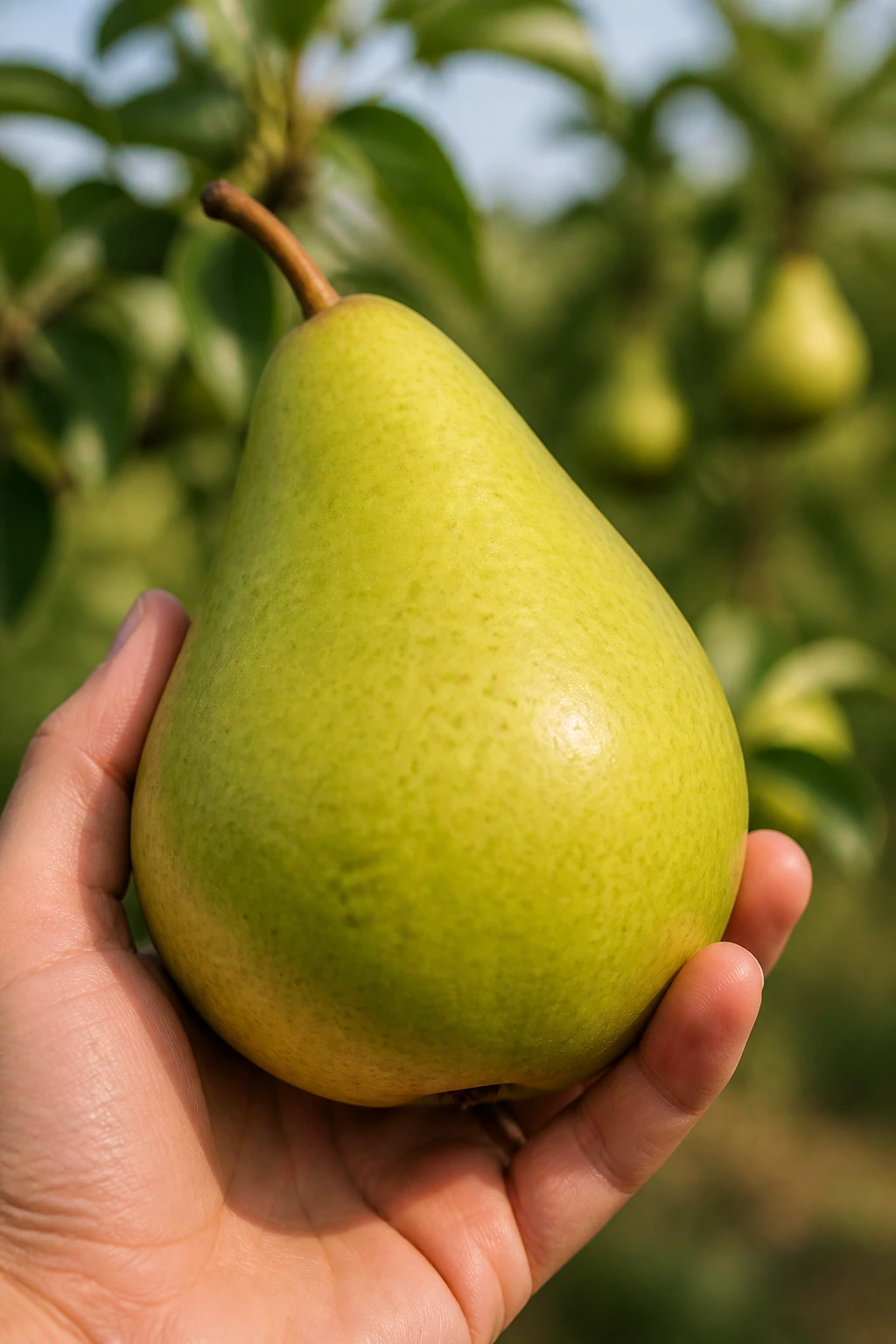 Texture Matters: Why Are Pears Gritty? 8 Close-up of a smooth pear with glossy skin in an orchard setting