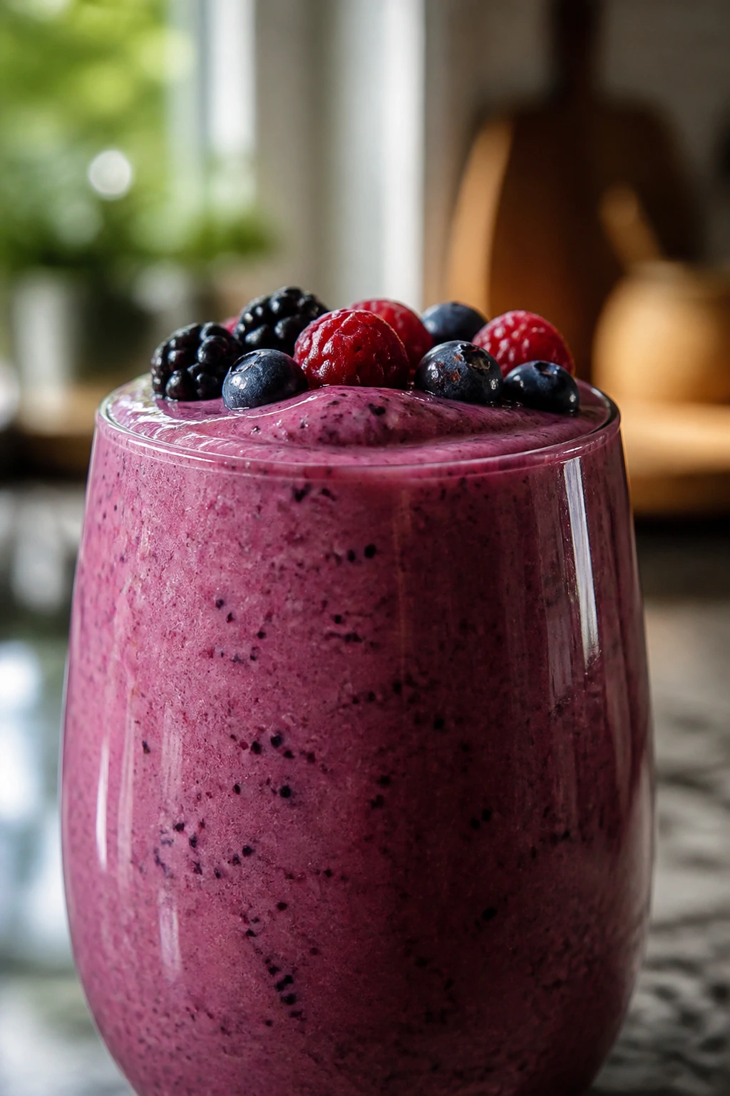 Does Blending Fruits Increase Blood Sugar Levels? 2 Close-up of thick smoothie in glass in kitchen, illustrating factors affecting blood sugar