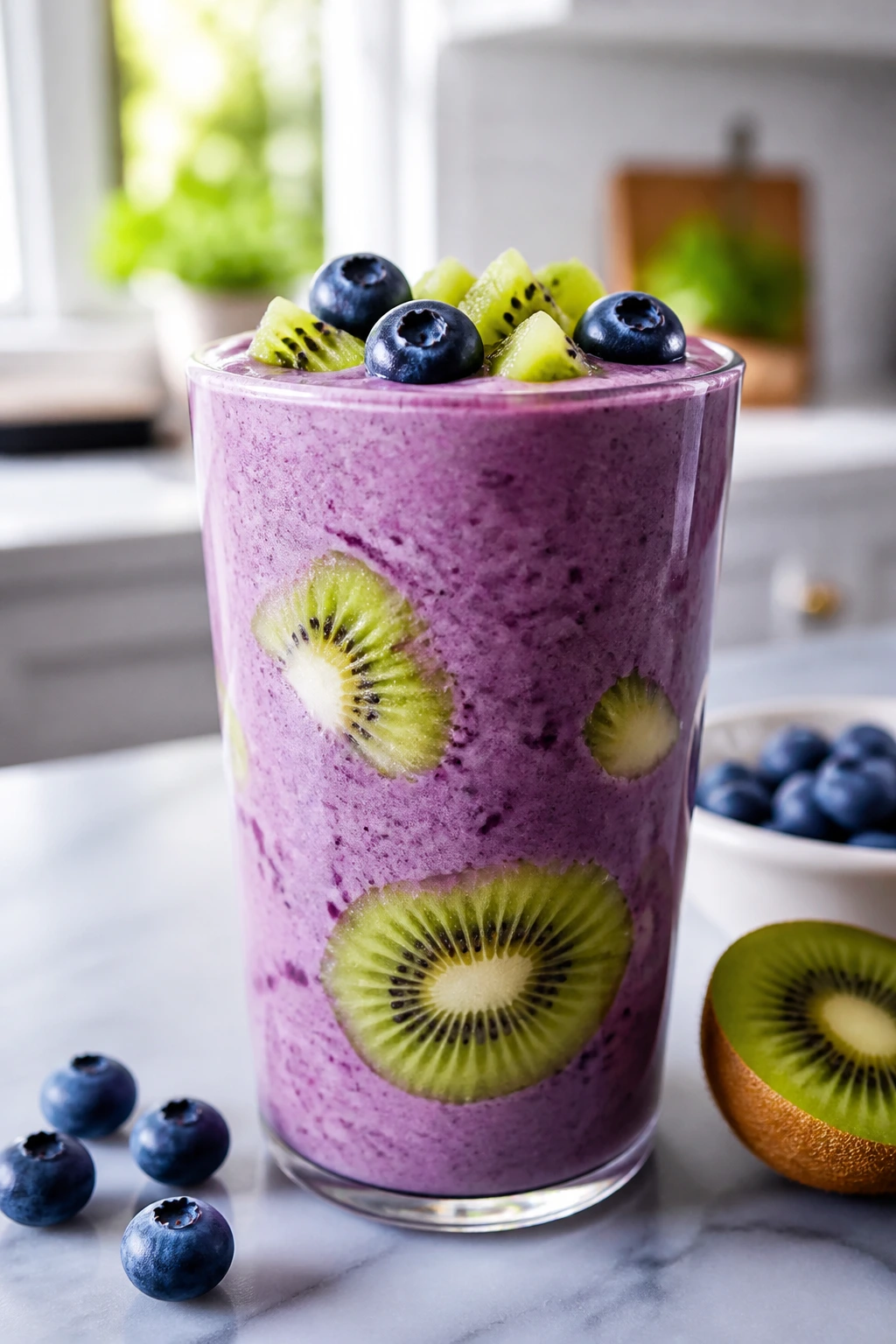 Blueberry-kiwi smoothie in a glass in a bright kitchen