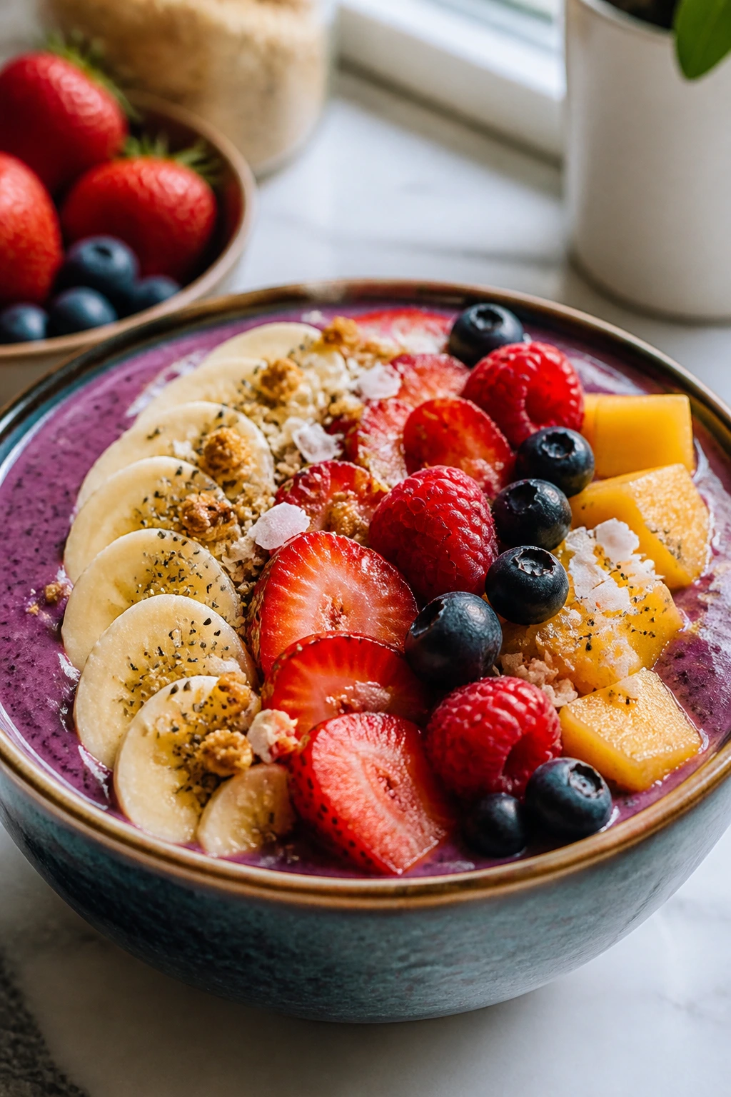 Fruit For Breakfast: Is It Good To Eat Fruit In The Morning? 4 Smoothie bowl with fresh fruit toppings on bright counter in morning light.