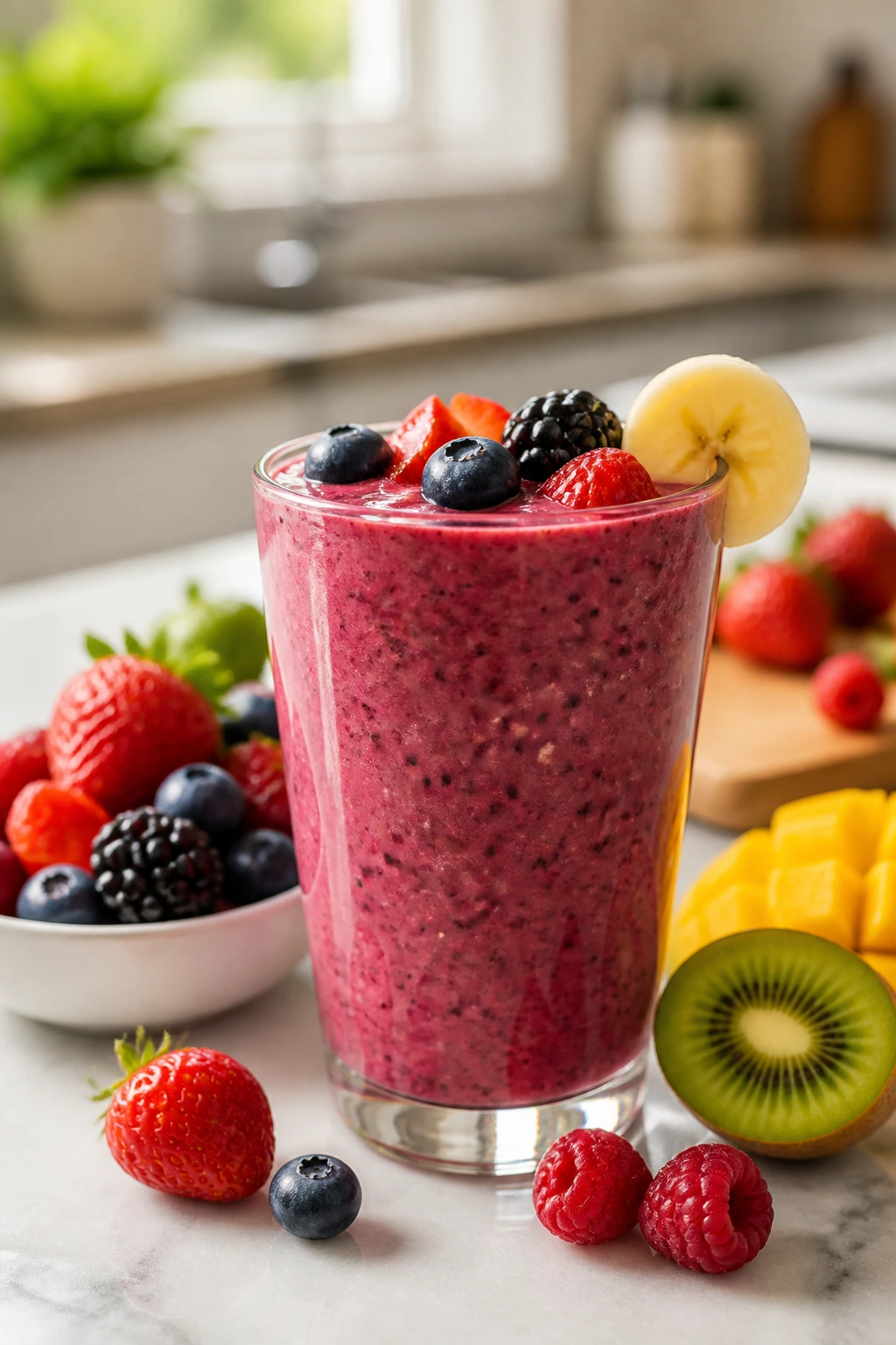 Berry smoothie with fruit chunks on a kitchen counter