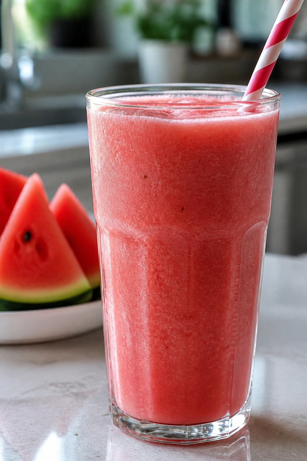 Close-up of a glass of smoothie on a kitchen counter