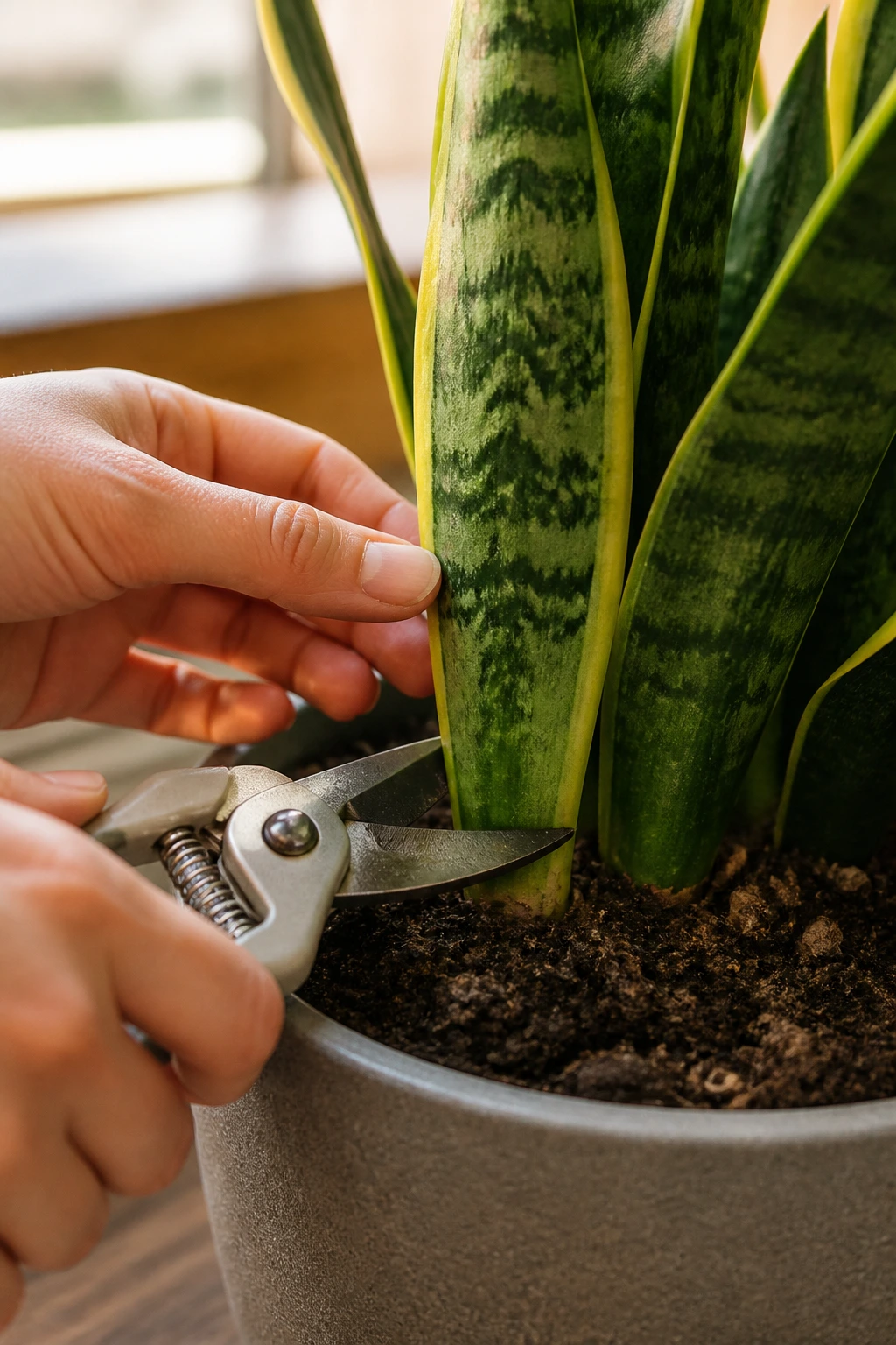 How To Prune A Snake Plant Properly Like A Pro 1 Close-up of a snake plant leaf being pruned at the base with pruning shears in a warm indoor setting