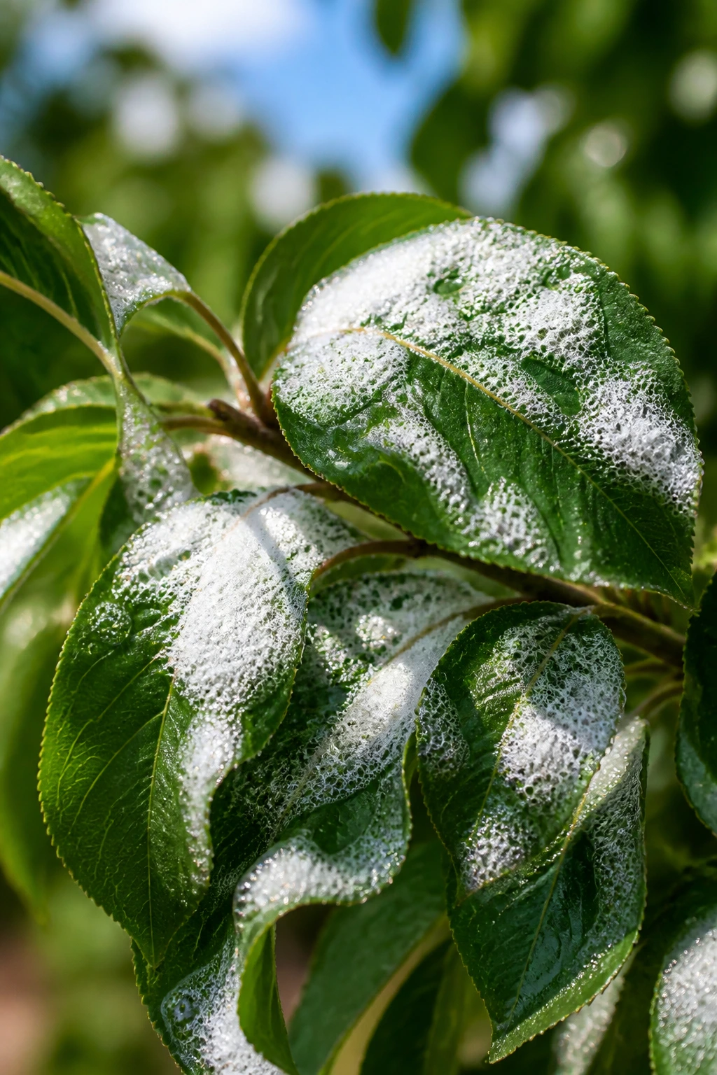 Soap spray on leaves of a fruit tree in a sunlit garden