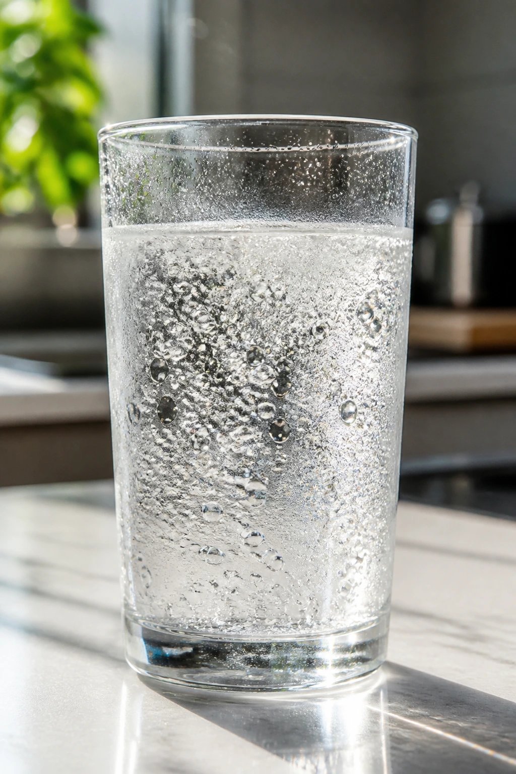 Close-up of a glass with bubbly clear soda on a bright counter.