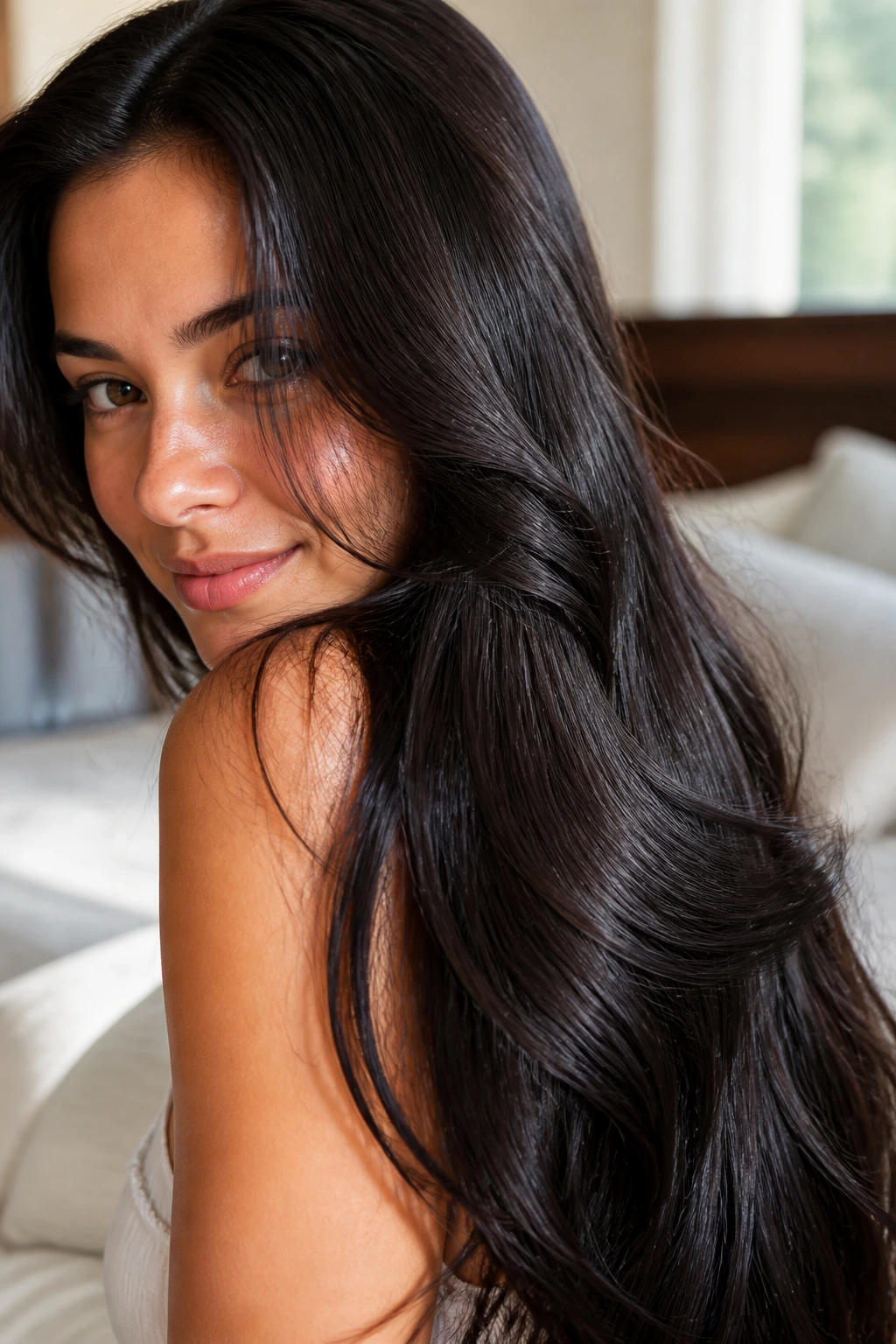10 Benefits Of Dragon Fruit For Hair Growth And Shine 7 Close-up of silky, soft hair on a real woman in warm window light