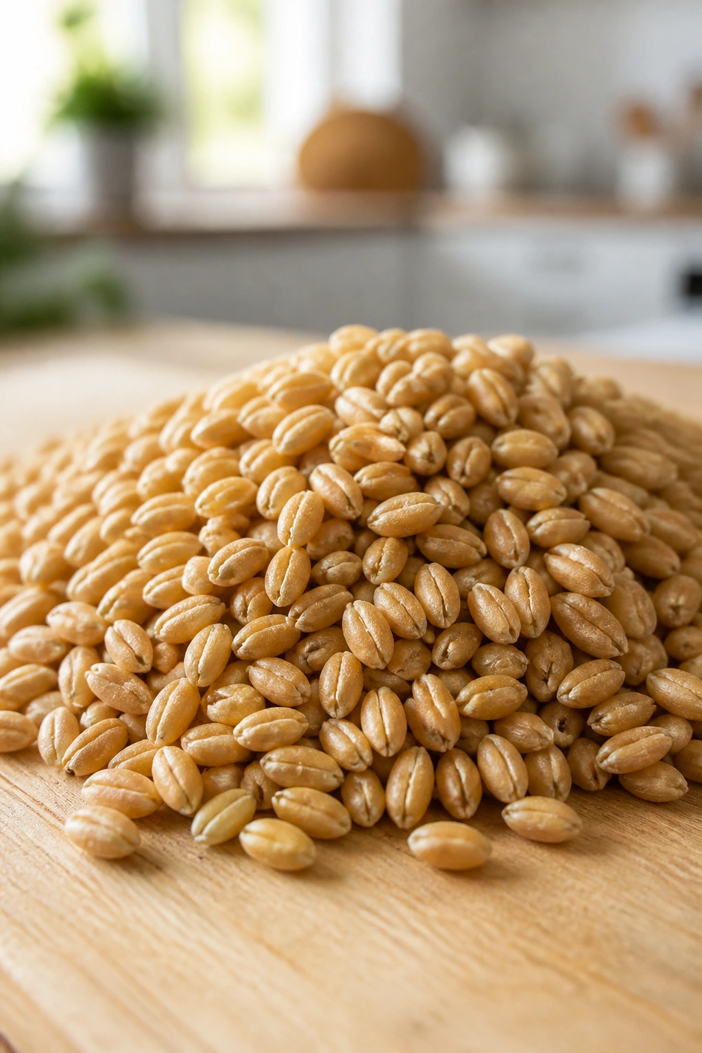Hard Vs Soft Wheat Berries: What’s Really The Difference? 2 Close-up of soft wheat berries on a light wood surface in bright kitchen