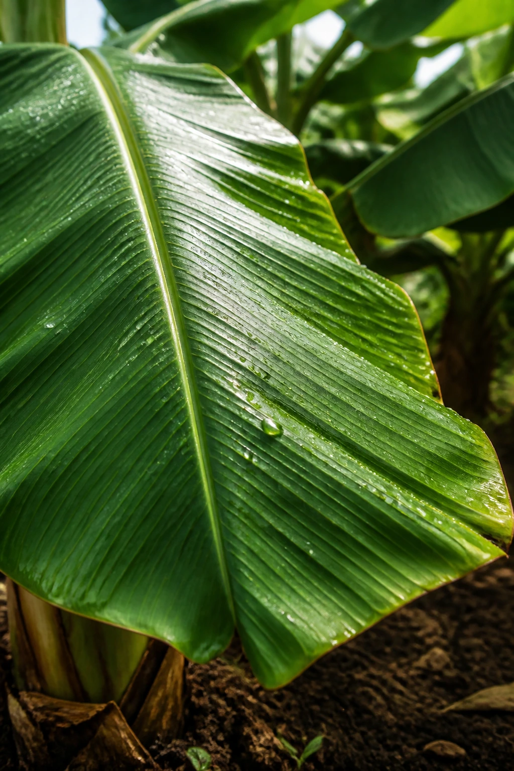 How Many Bananas And Bunches Does A Banana Tree Produce? 3 Close-up of a banana leaf with dew in a tropical garden.