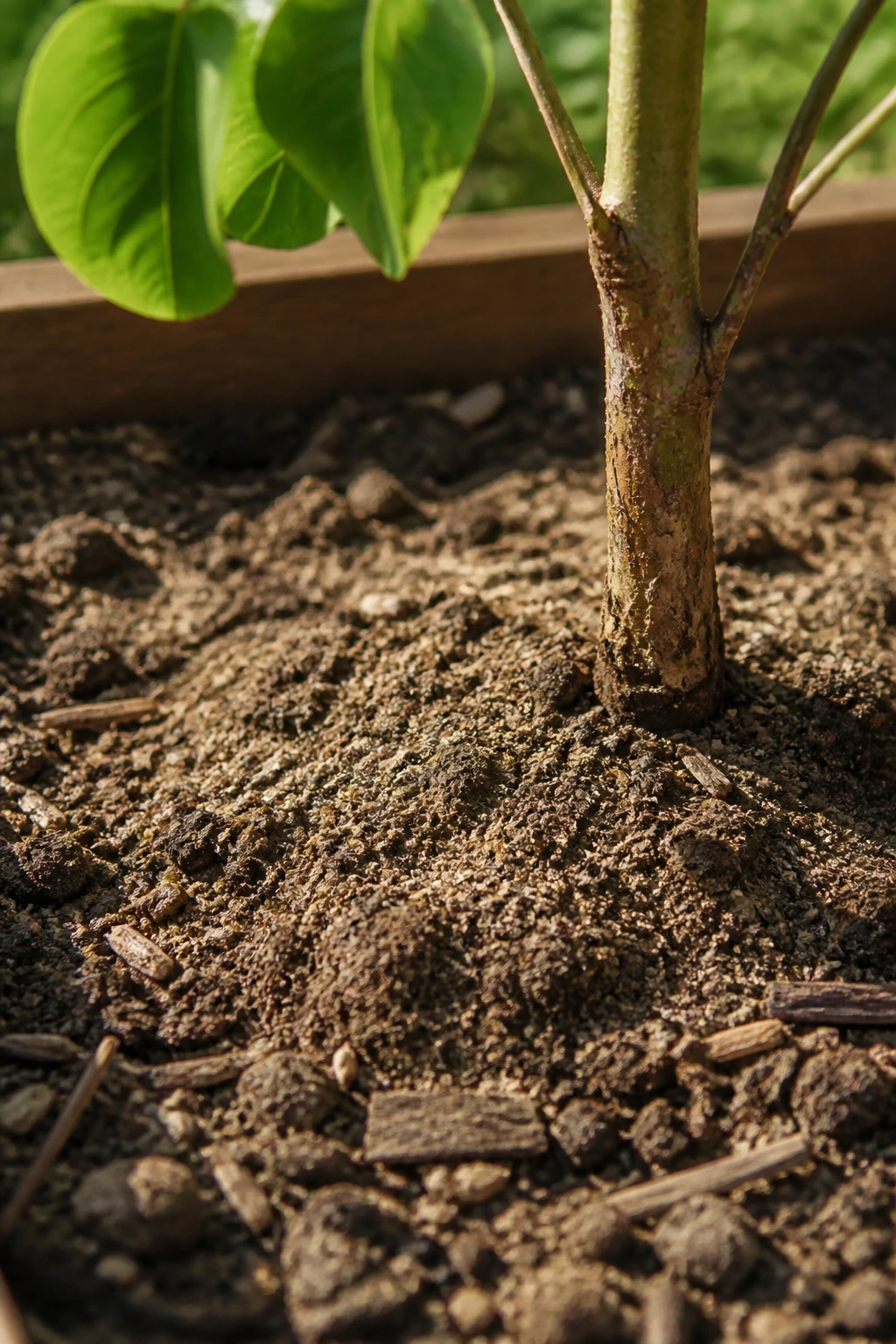 Close-up of sandy loam soil around a young fruit tree in a garden