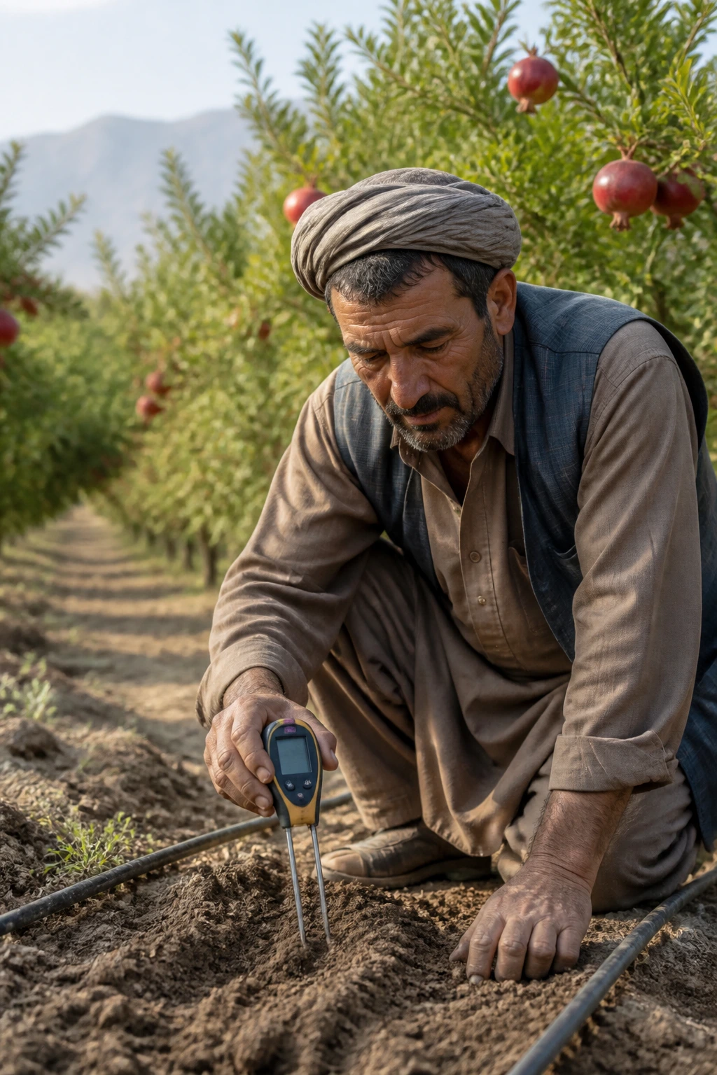 Farmer in a pomegranate orchard checking soil moisture with a tester.