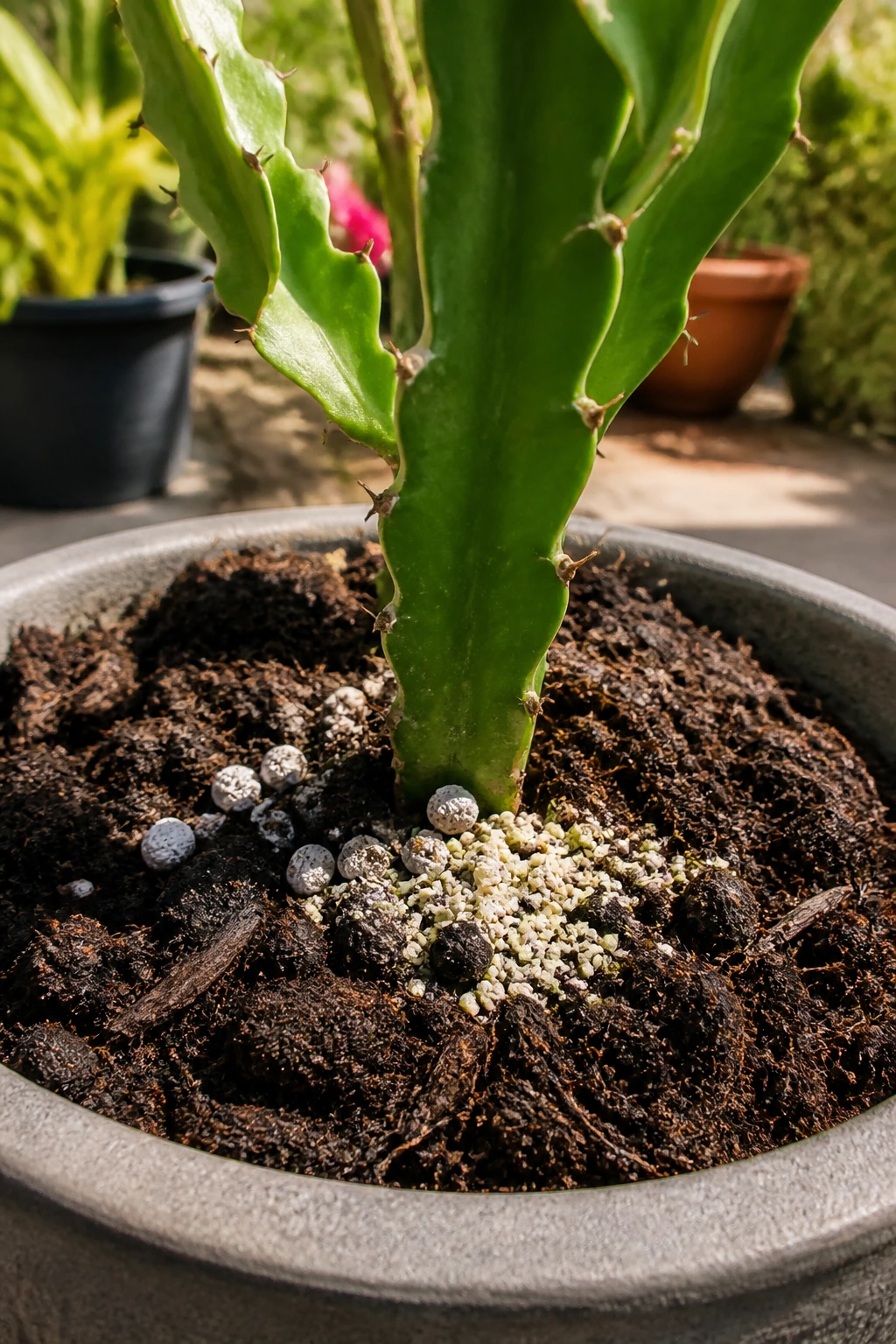 Close-up of dragon fruit soil with compost and peat in a pot