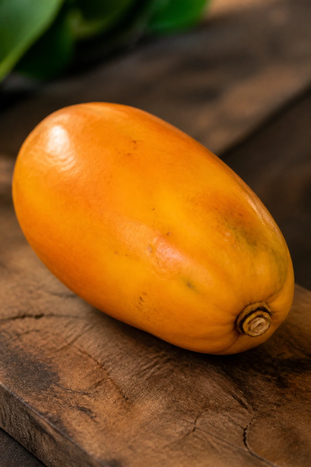Solo papaya ripe and yellow-orange on a wooden surface.