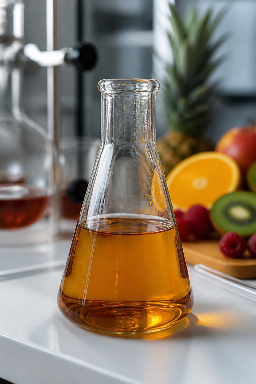 Beaker with amber liquid representing creation of fruit extract.