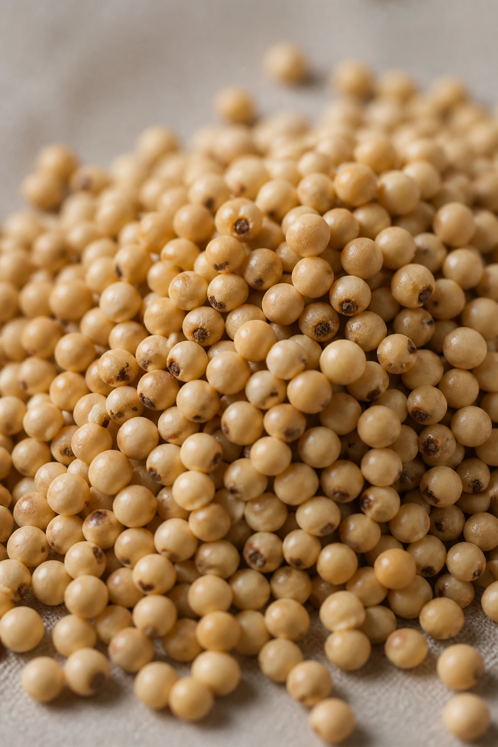 Close-up of golden sorghum kernels on neutral background