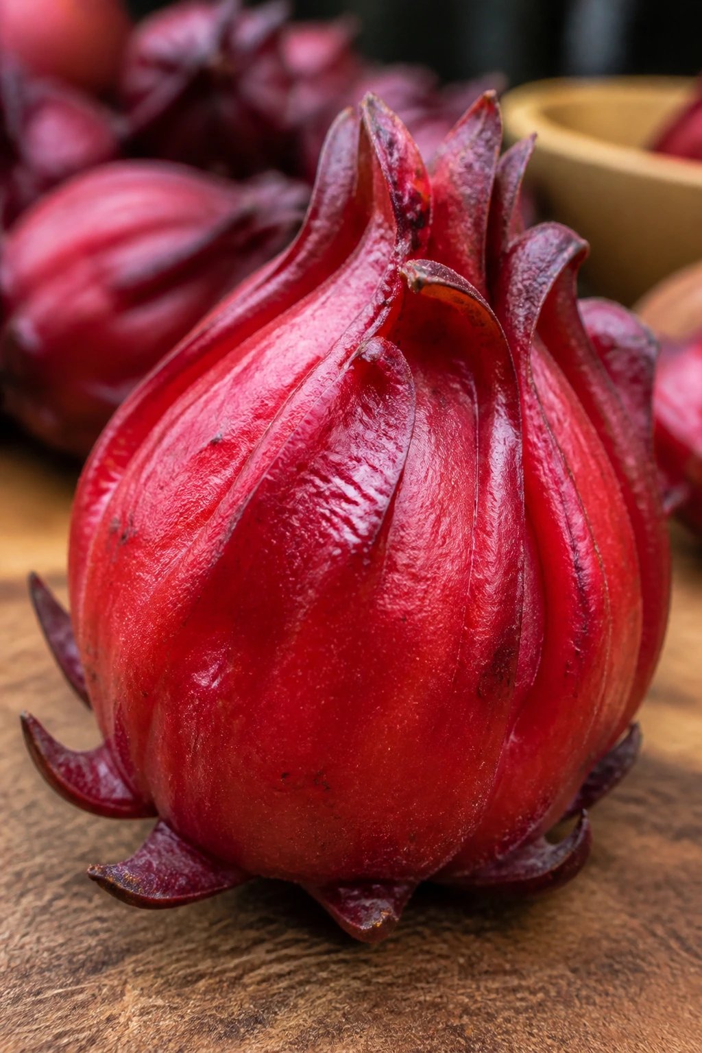 Close-up of a red sorrel fruit in a warm kitchen