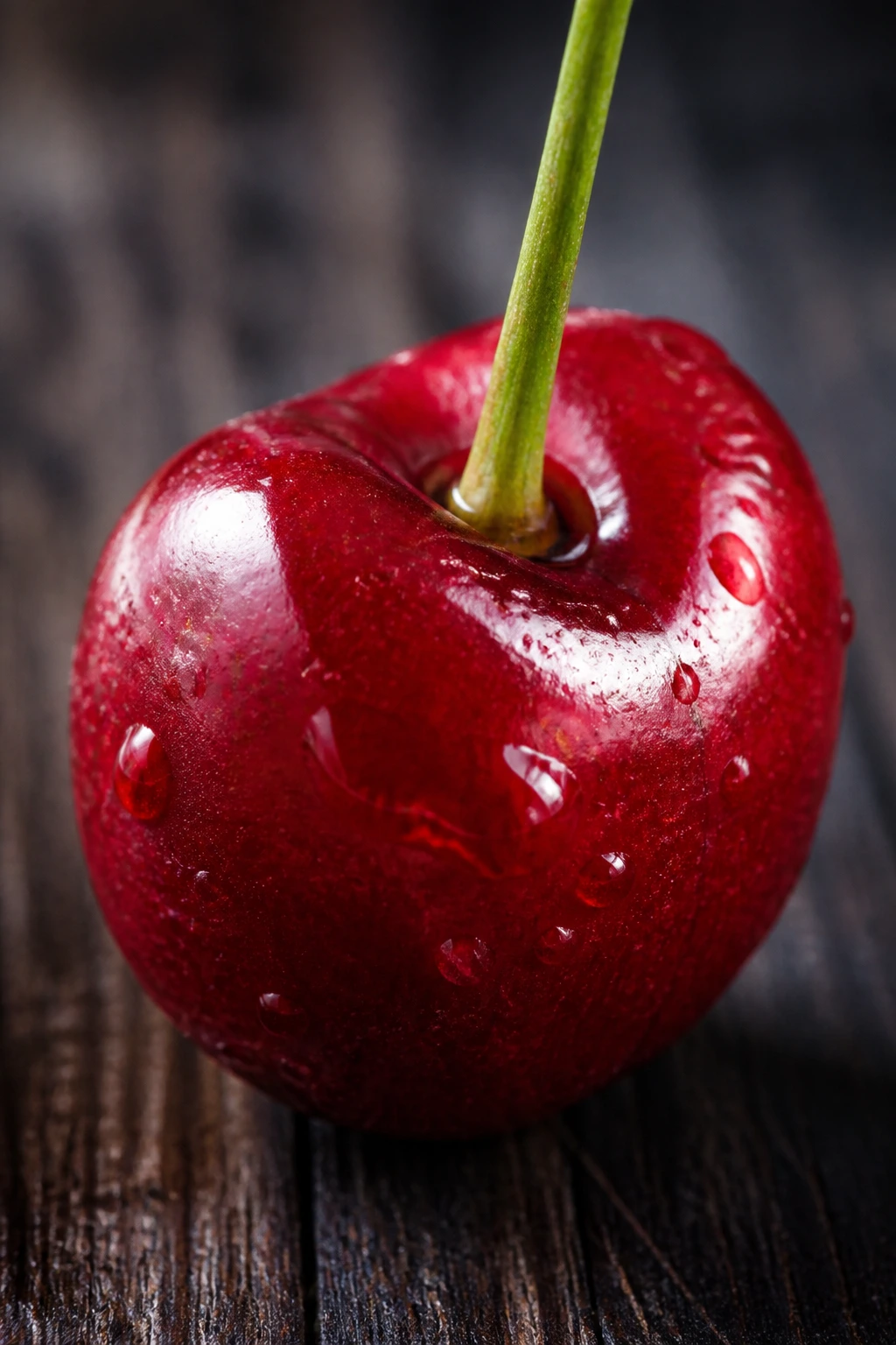 Close-up of a single sour cherry on a dark wooden surface