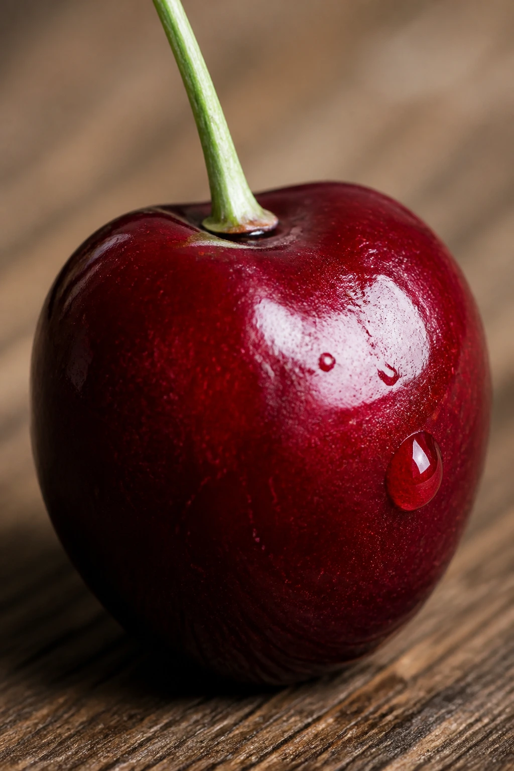 Close-up of a single glossy cherry on a rustic wooden surface highlighting tartness