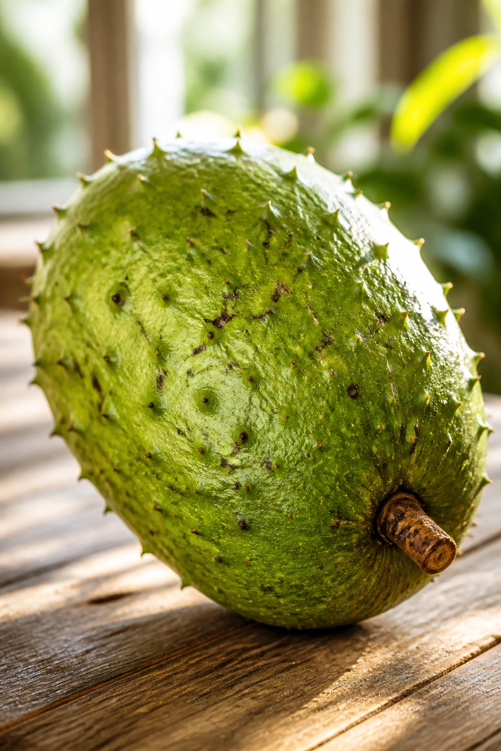 How To Tell If Soursop Is Ripe 3 Soursop fruit on a wooden table in natural light