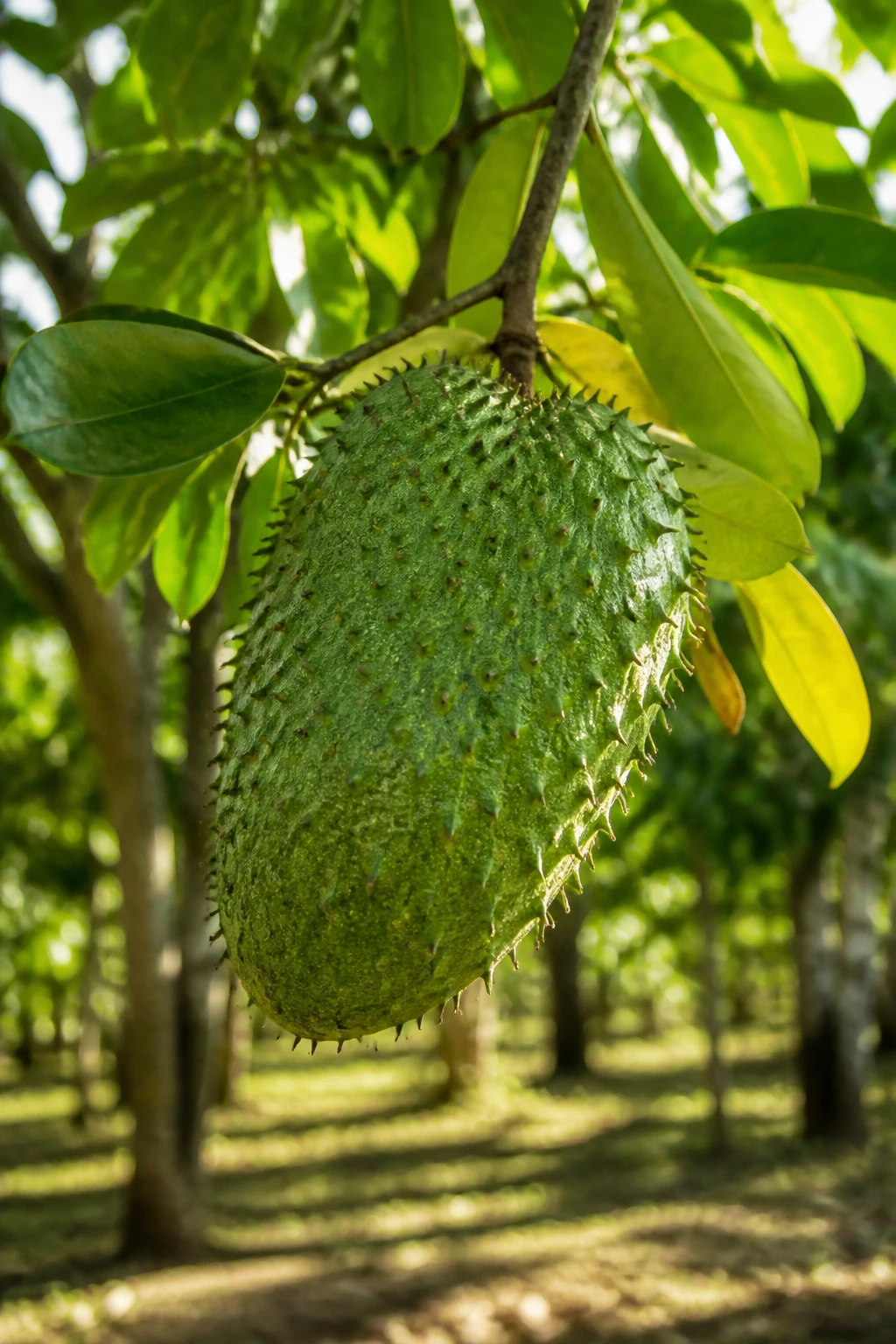 Single ripe soursop fruit dominating a tropical orchard