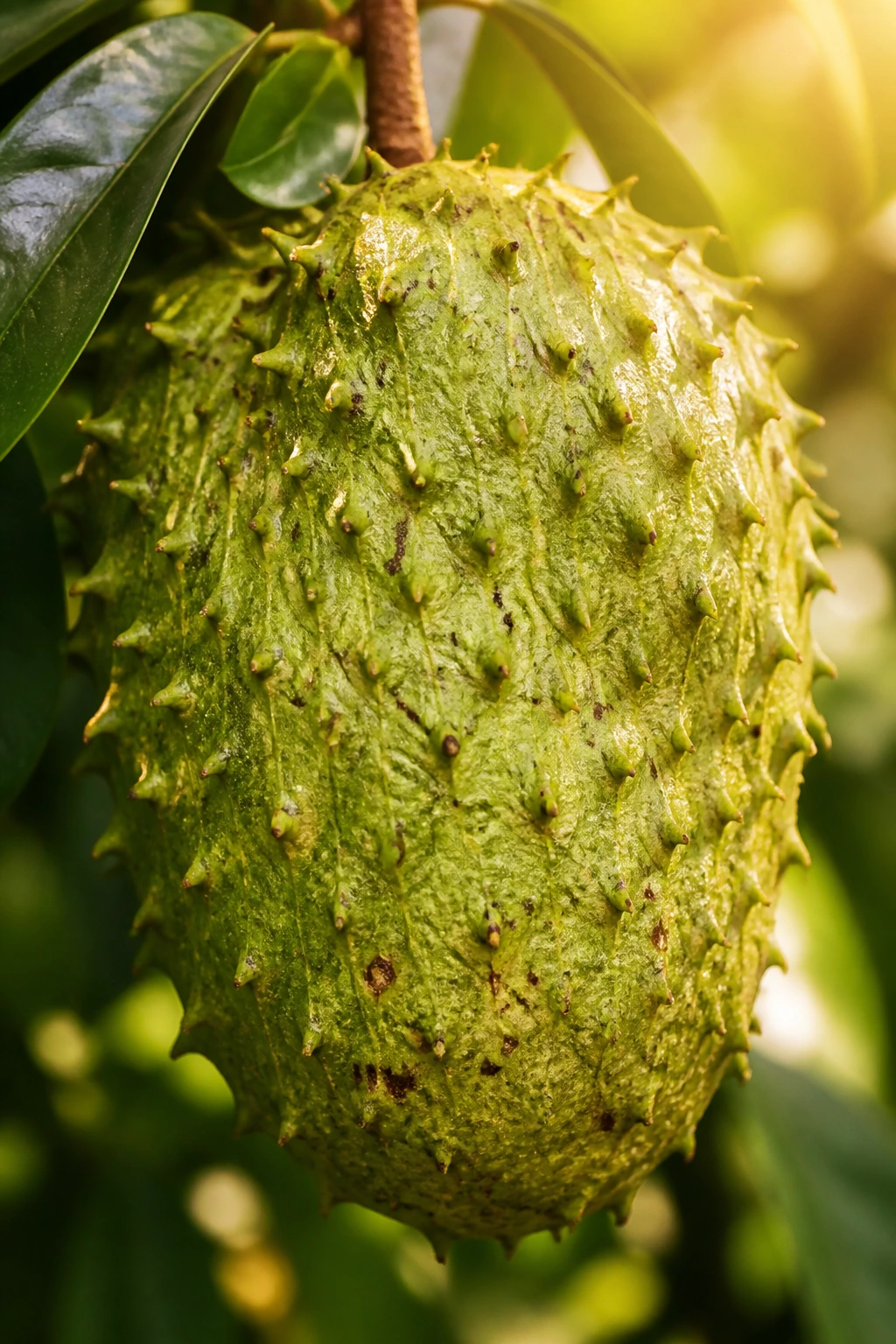 Close-up of a ripe soursop fruit filling the frame in a tropical setting