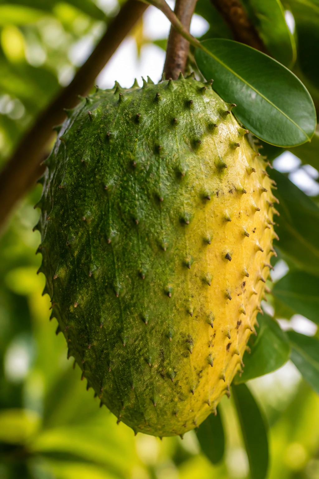 Ripening soursop on tree showing color transition