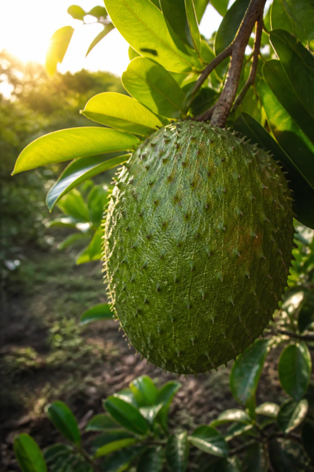 Soursop fruit bathed in bright sun on a tropical branch