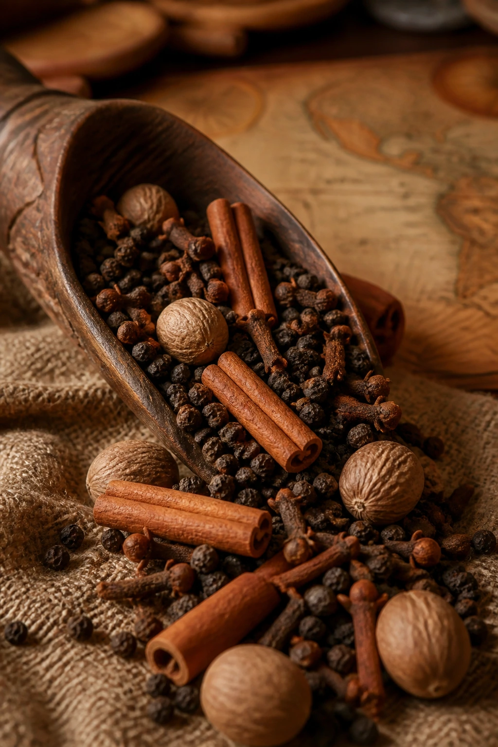 Close-up of mixed spices in a scoop with a map backdrop