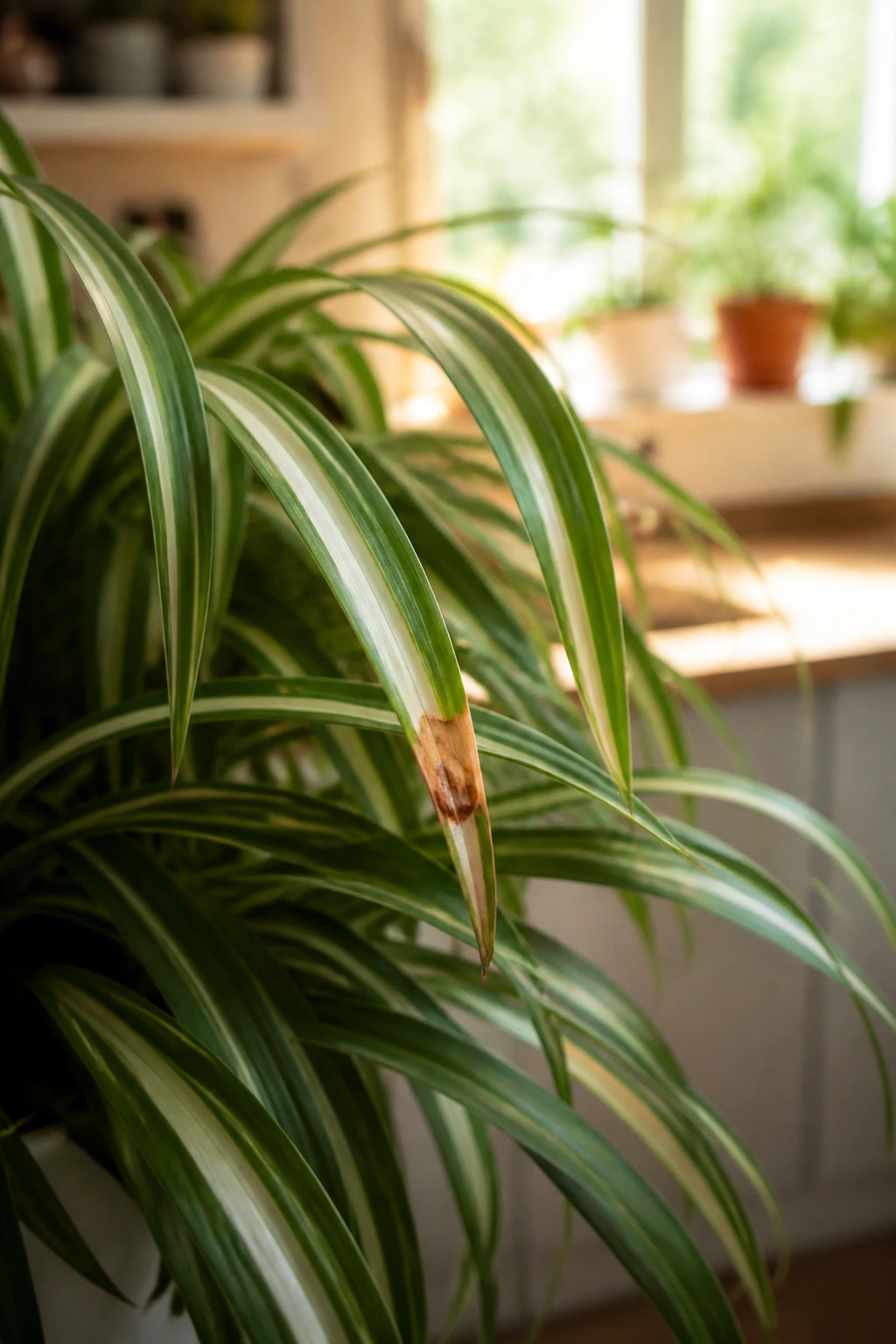 Close-up of a spider plant with a trimmed brown tip on a leaf, sunlit windowsill