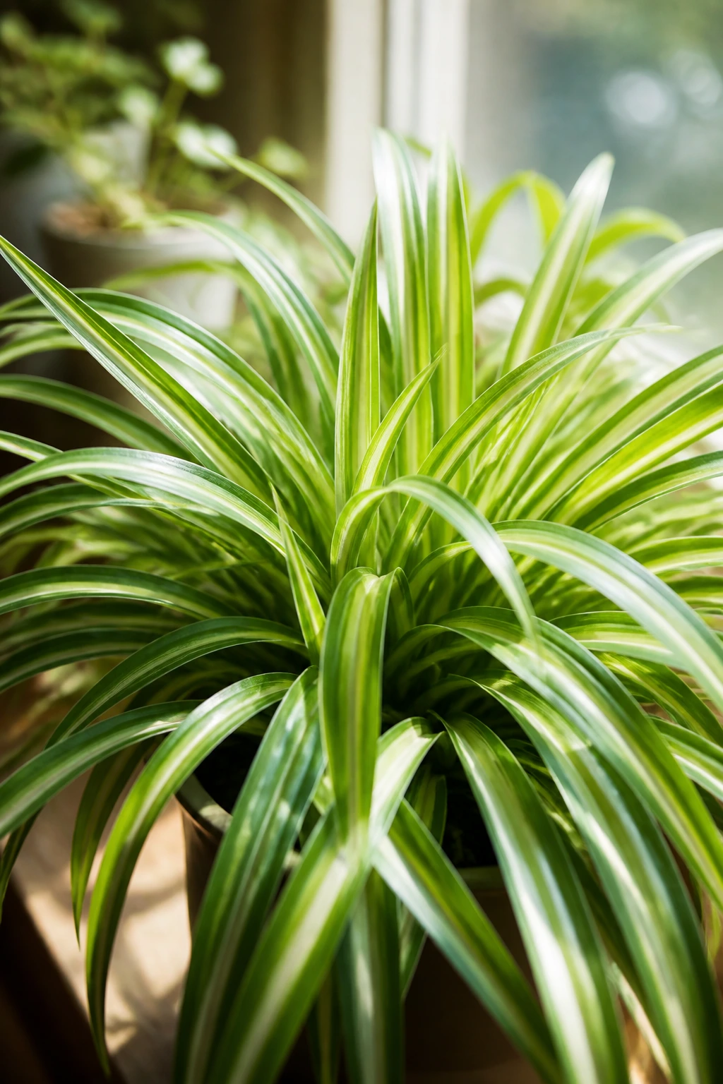 Close-up of a healthy spider plant with trimmed leaf tips on a sunlit windowsill