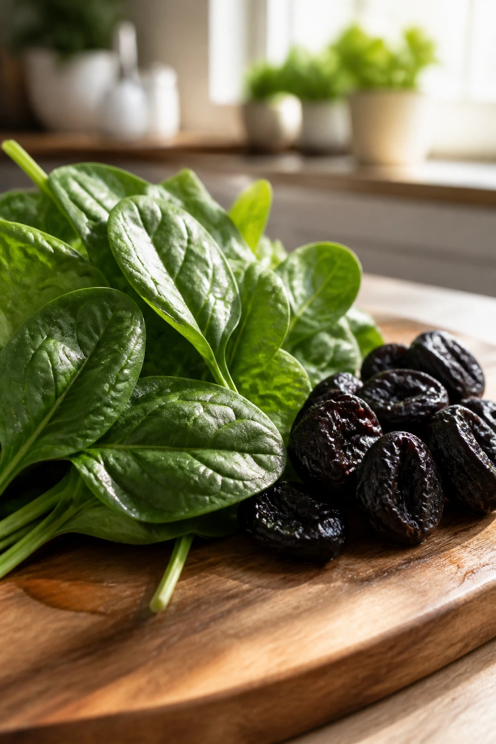 12 Iron-rich Fruits And Vegetables To Add To Your Diet 29 Close-up of spinach leaves and prunes on a cutting board