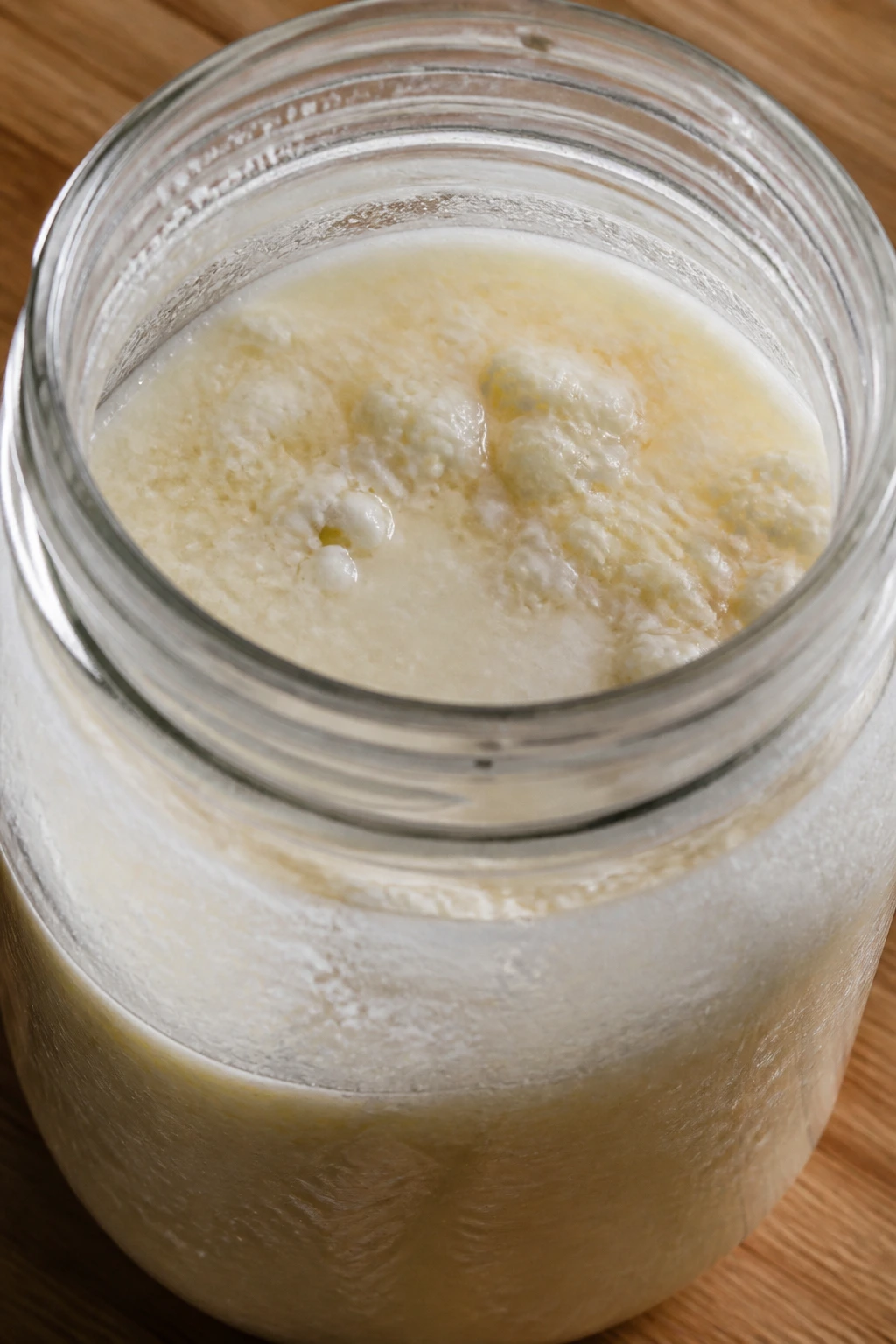What Does Bad Coconut Milk Taste Like? 1 Close-up of spoiled coconut milk in a jar with lumps and off-color