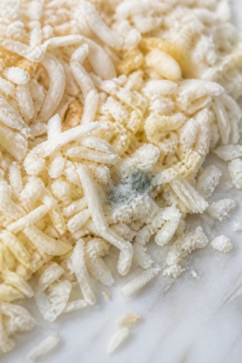 Shredded coconut showing color change and mold presence.