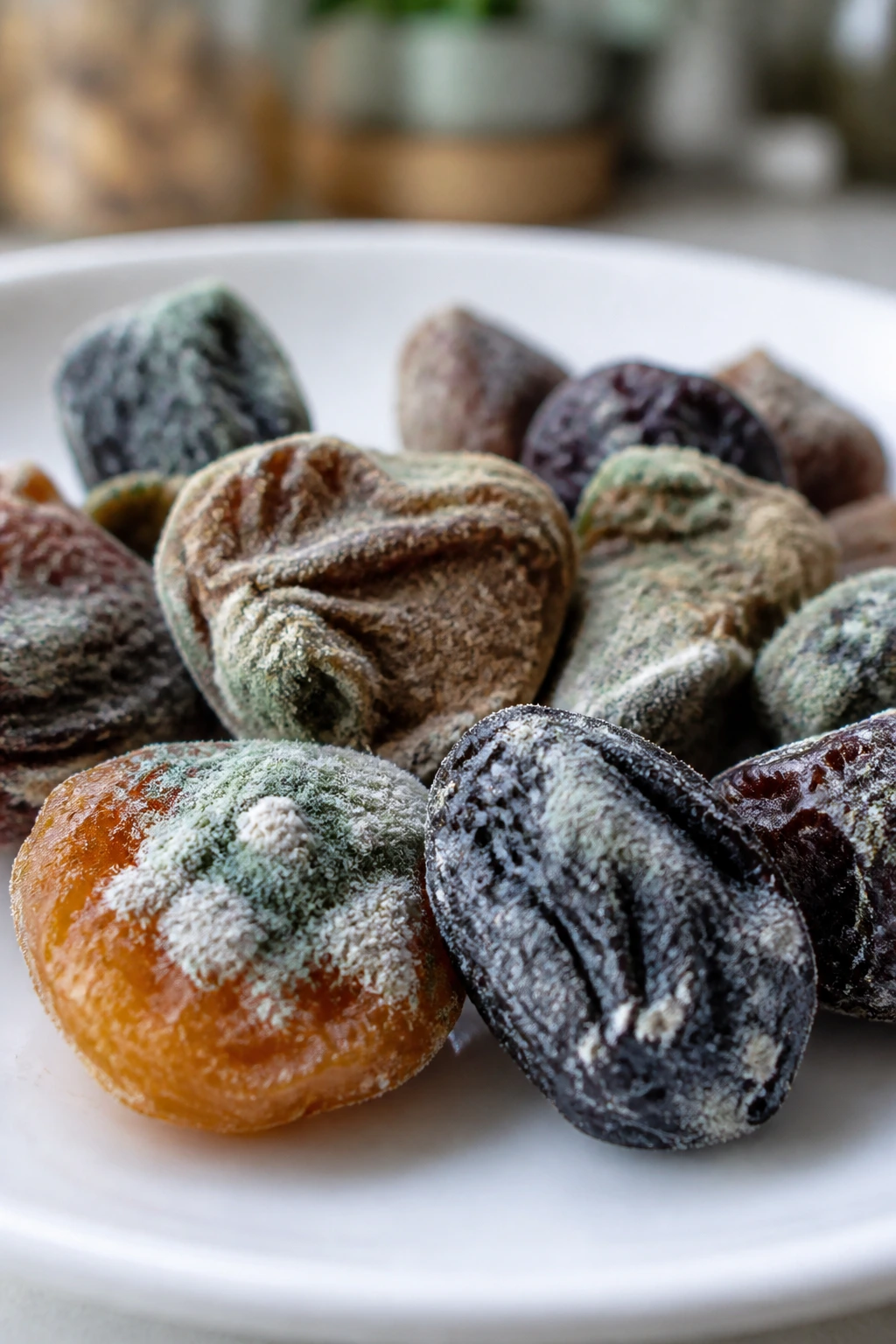 Close-up of moldy dried fruit illustrating health risk