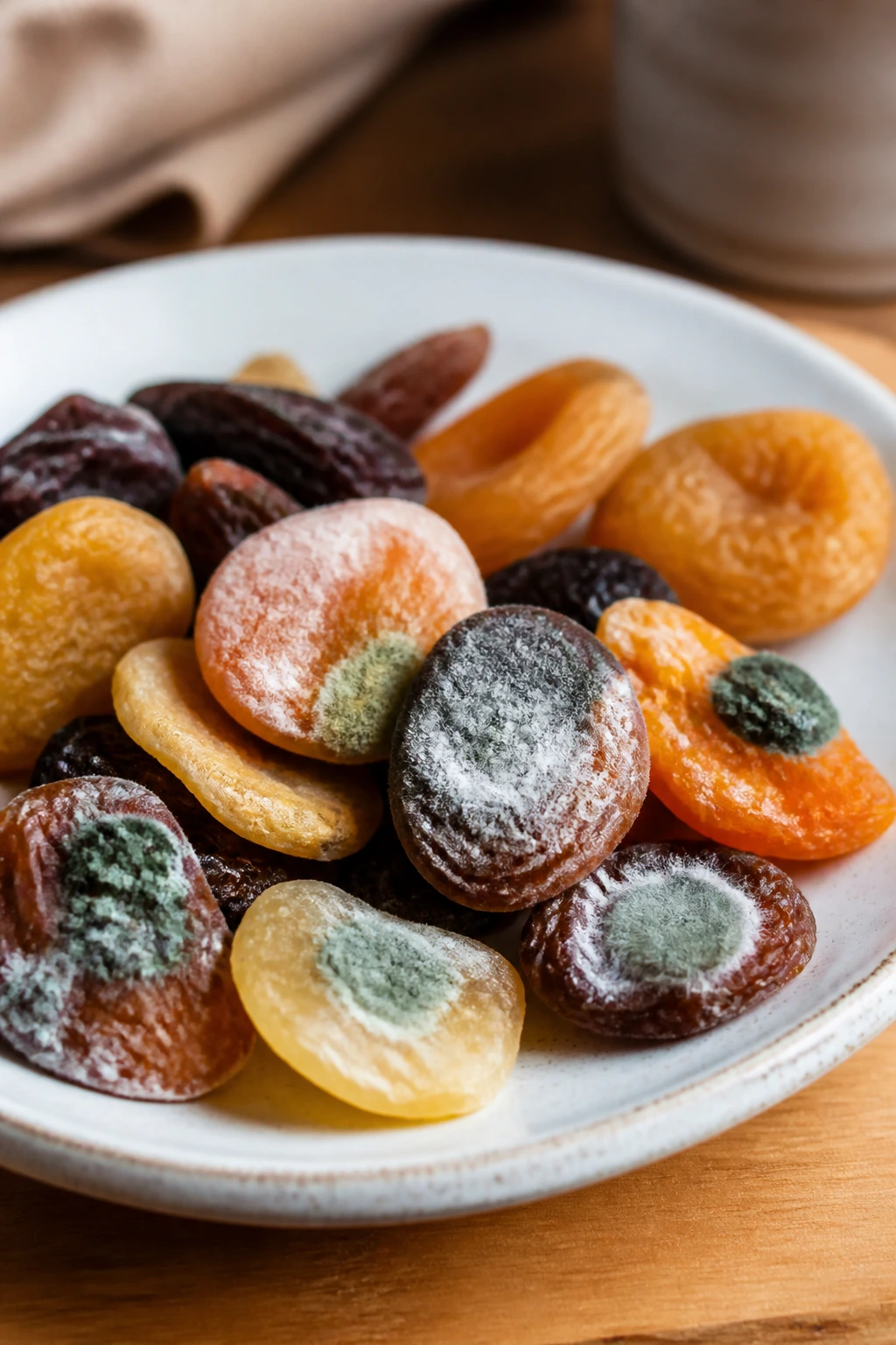 Mold on dried fruit indicating spoilage