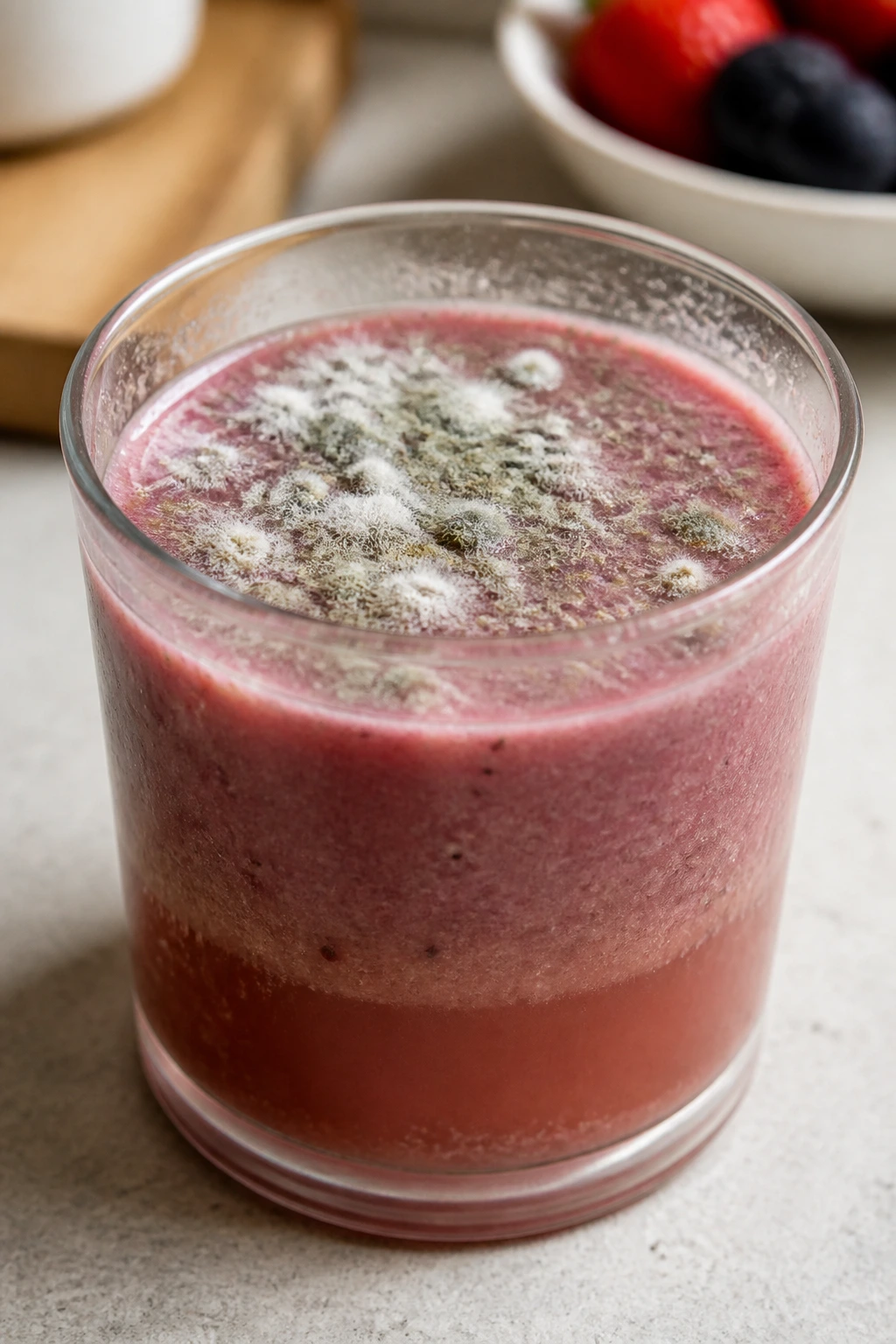 How Long Do Homemade Fruit Smoothies Last In The Fridge? 2 Close-up of a smoothie with mold and separation indicating spoilage