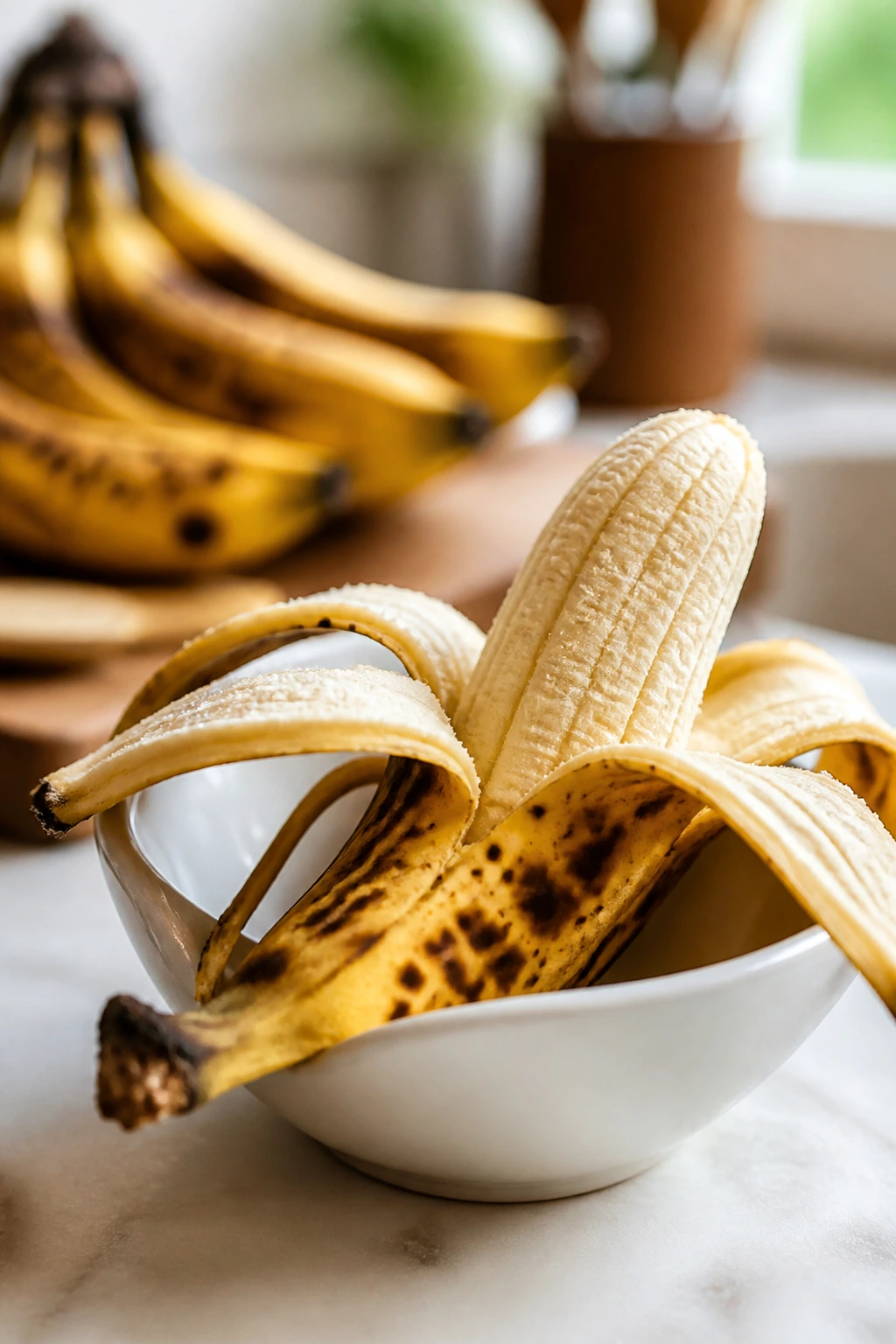 Peeled banana with spots mashed in a bowl ready for use
