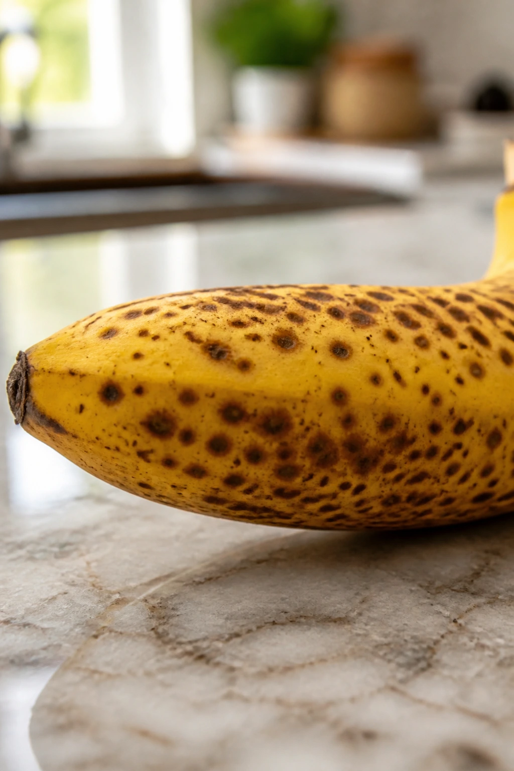 Close-up of a spotty banana on a kitchen counter