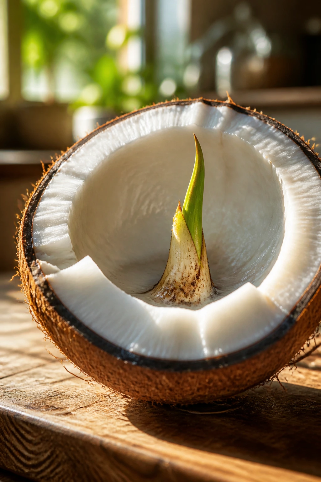 Close-up of a sprouted coconut half highlighting nutrient absorption on a wooden cutting board