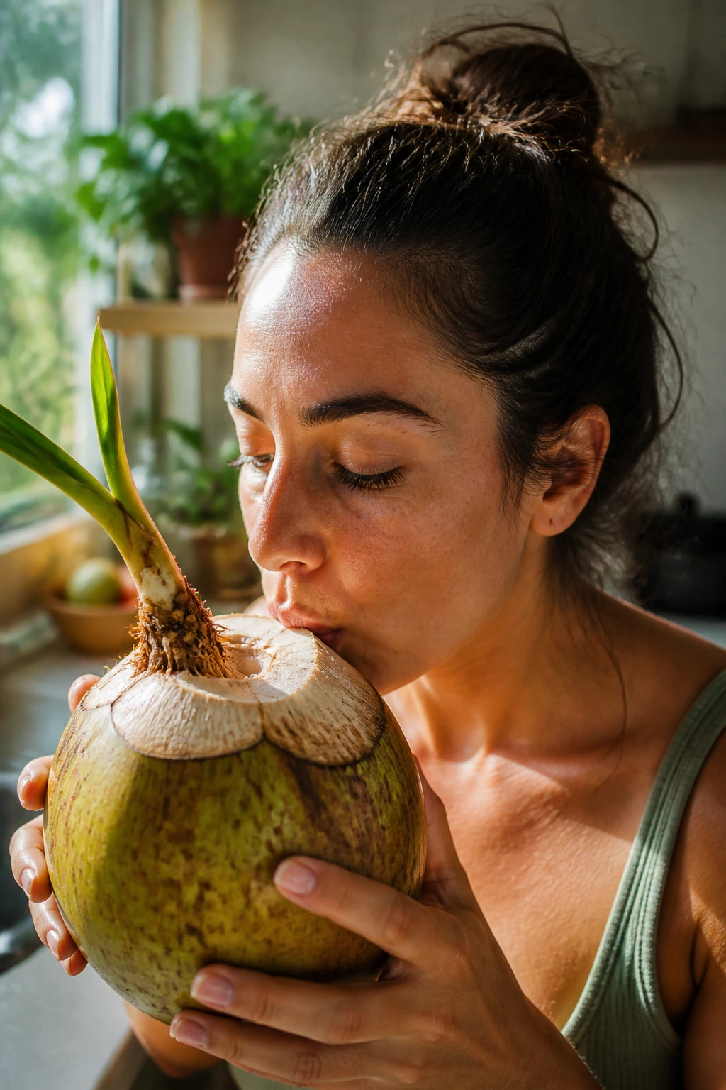 What Is A Sprouted Coconut? Everything You Need To Know 6 Real person drinking from a fresh sprouted coconut in a sunlit kitchen