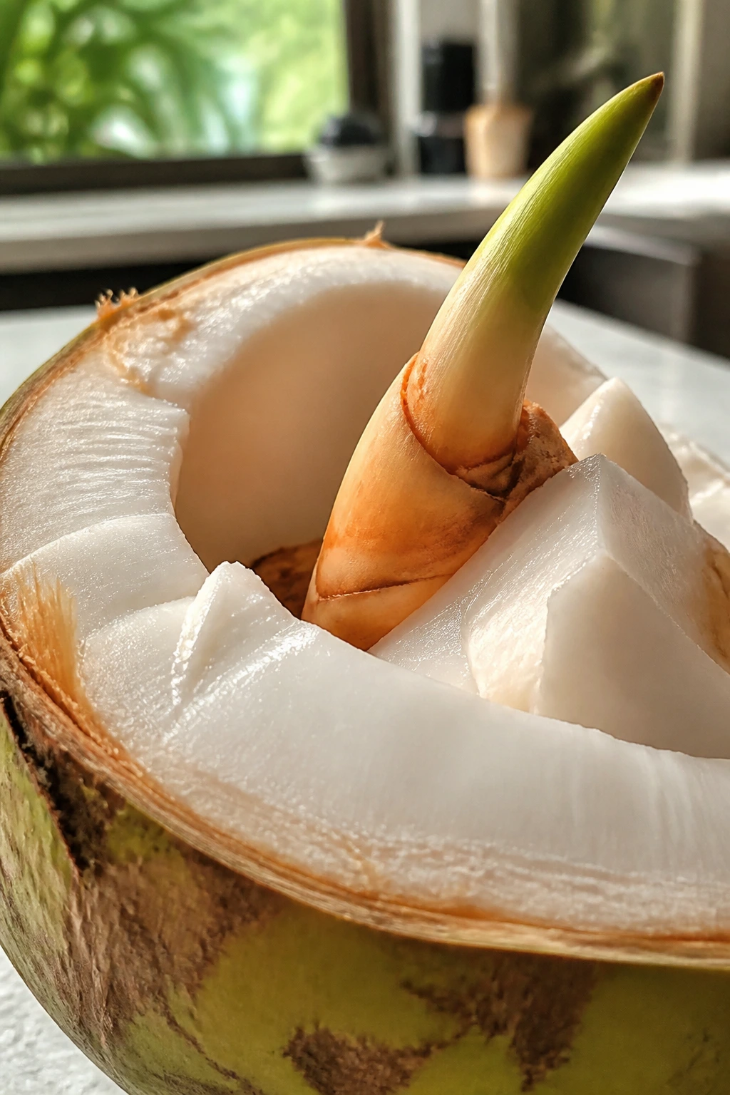 Sprouted coconut close-up for brain function benefits