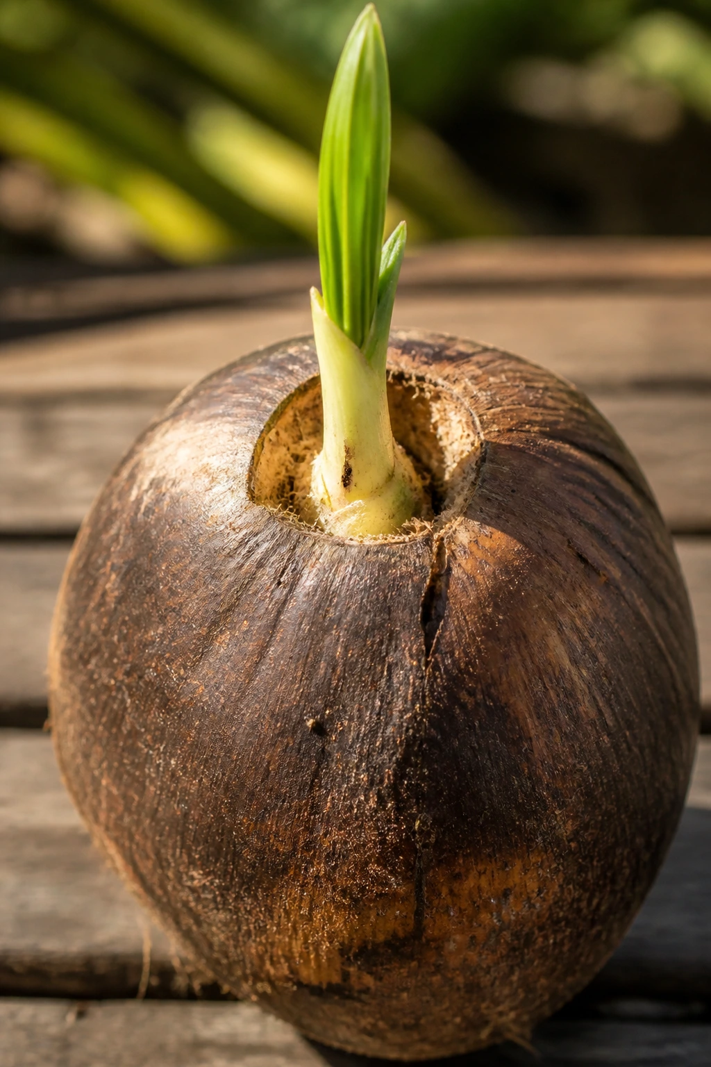What Is A Sprouted Coconut? Everything You Need To Know 1 Close-up of a sprouted coconut with a green shoot emerging from the shell on a wooden table