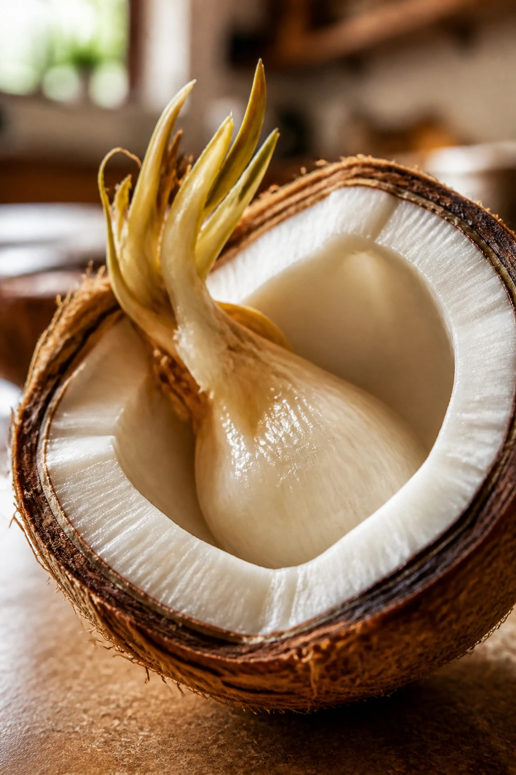 Close-up of sprouted coconut highlighting heart-healthy fats