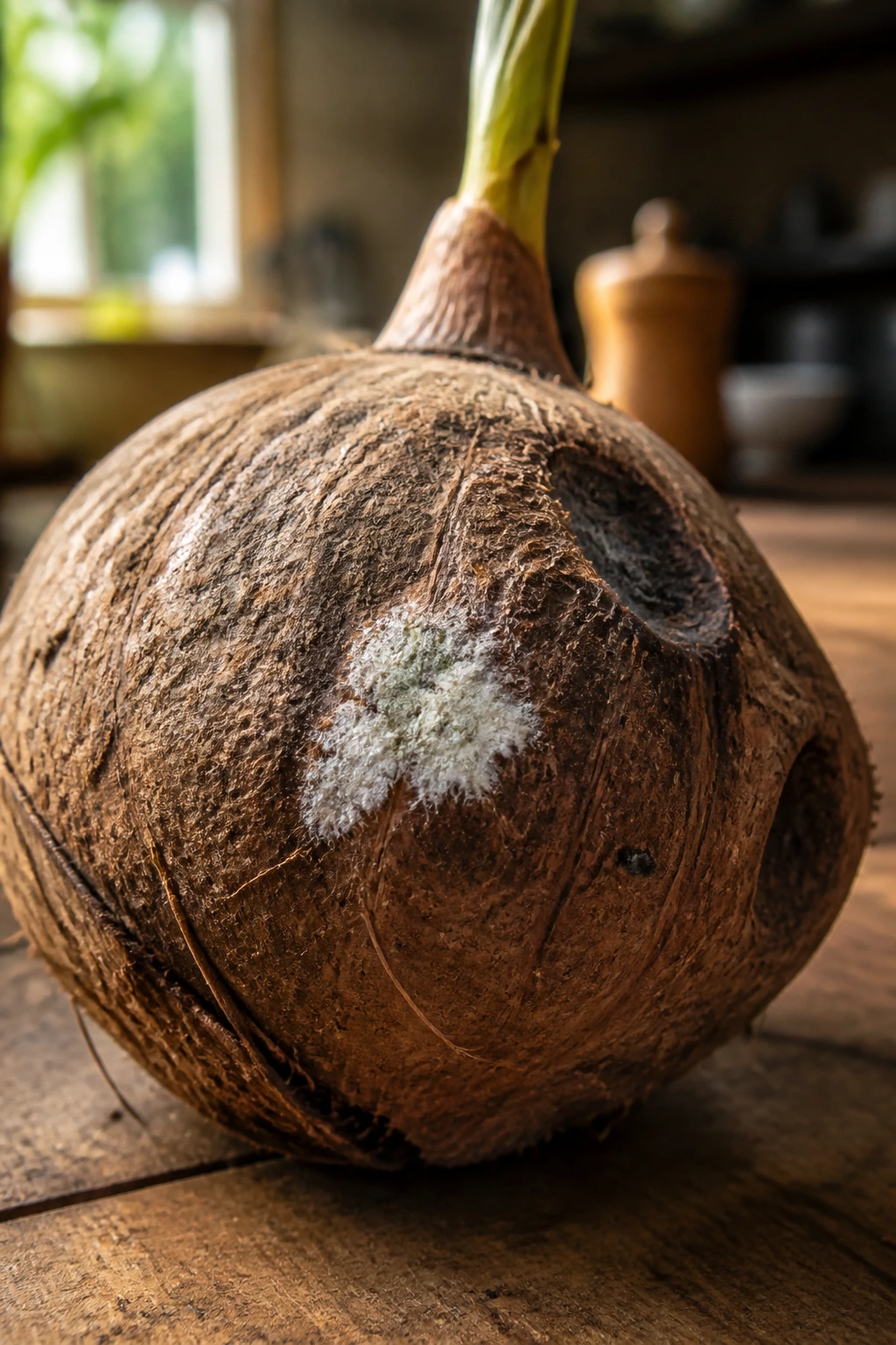 What Is A Sprouted Coconut? Everything You Need To Know 7 Close-up of a sprouted coconut with mold on its husk in a rustic kitchen