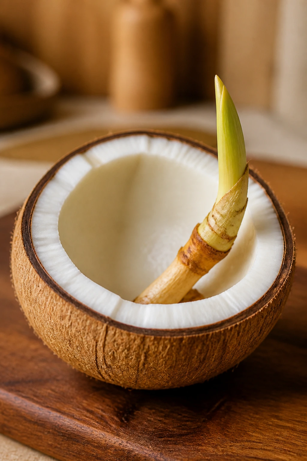 What Is A Sprouted Coconut? Everything You Need To Know 8 Close-up of a sprouted coconut half on a wooden board in a warm kitchen