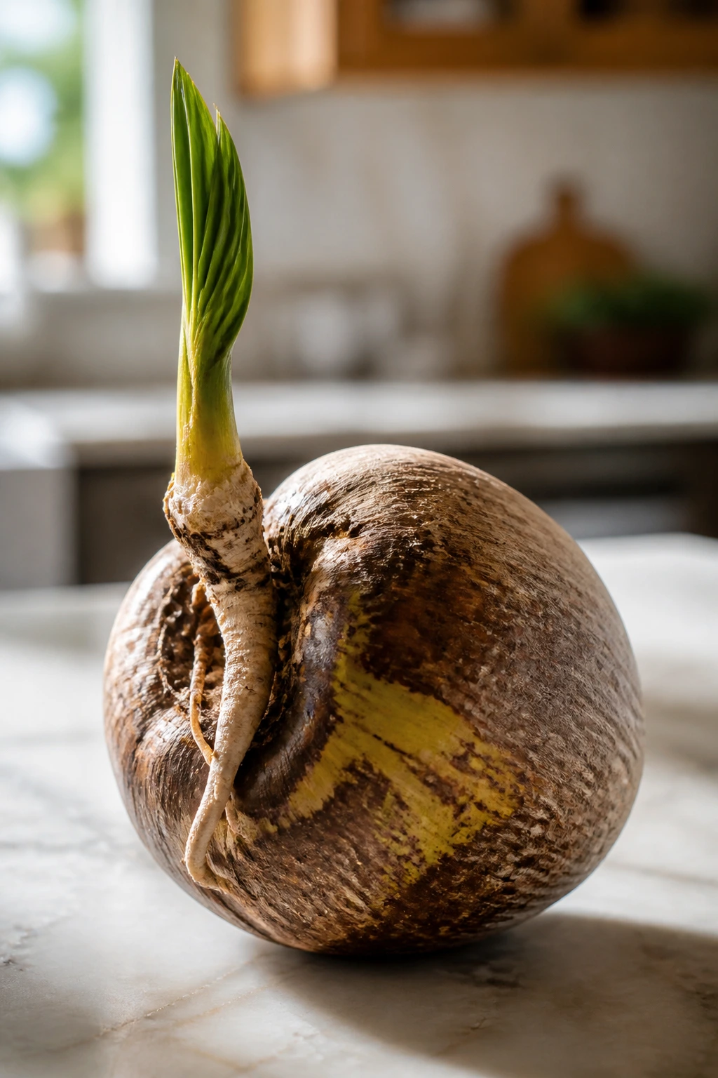 What Is A Sprouted Coconut? Everything You Need To Know 9 Close-up of a sprouted coconut on a kitchen counter