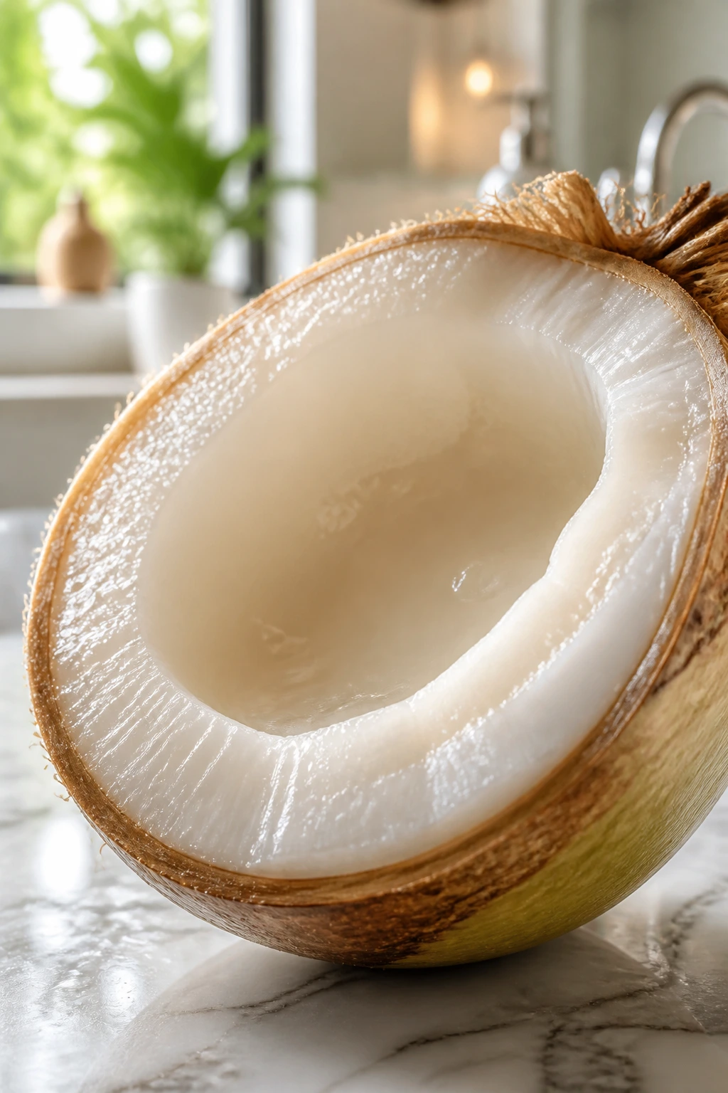 Sprouted coconut close-up highlighting skin health benefits