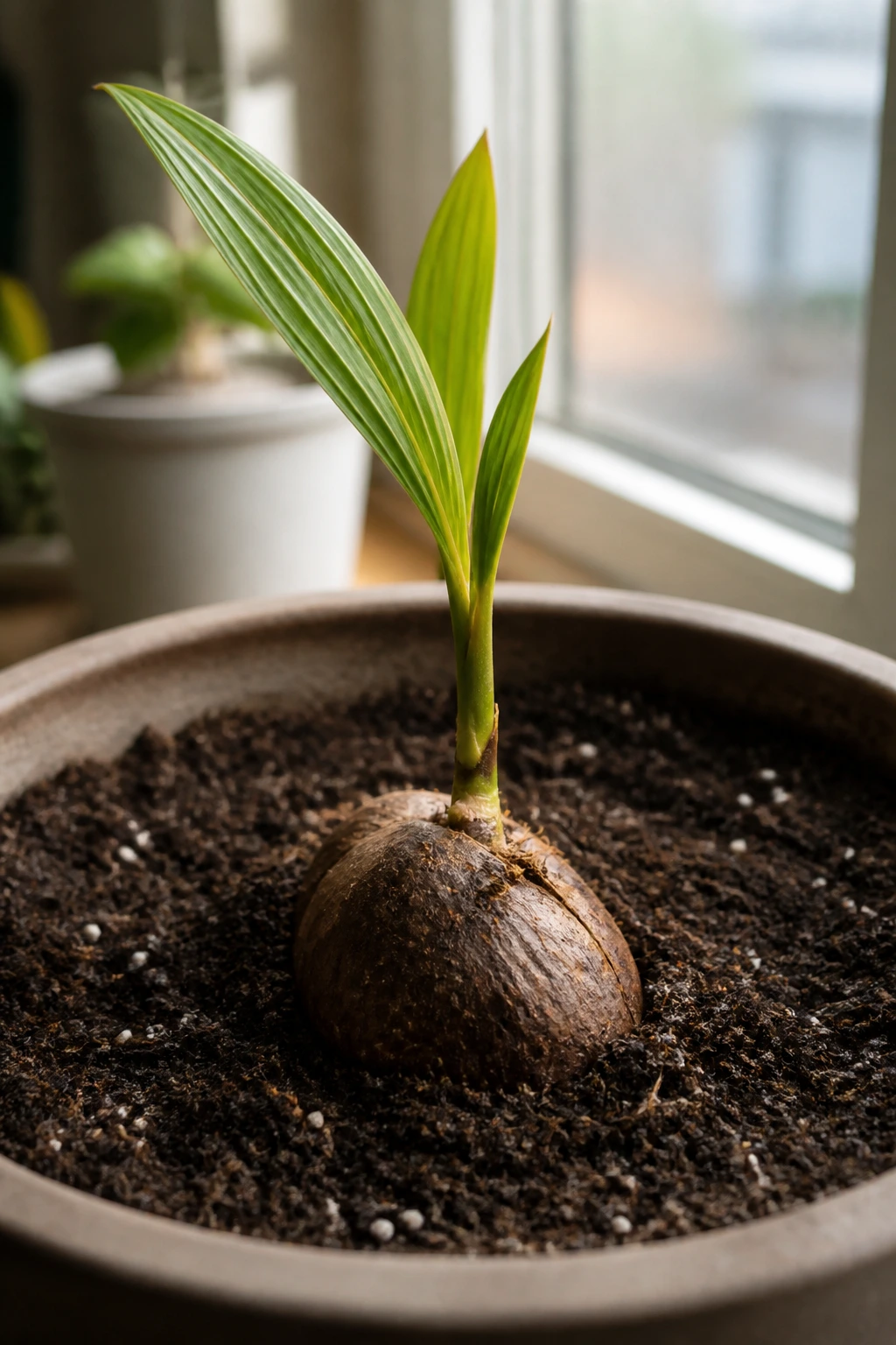 Coconut sprout planted in a larger pot with fresh soil