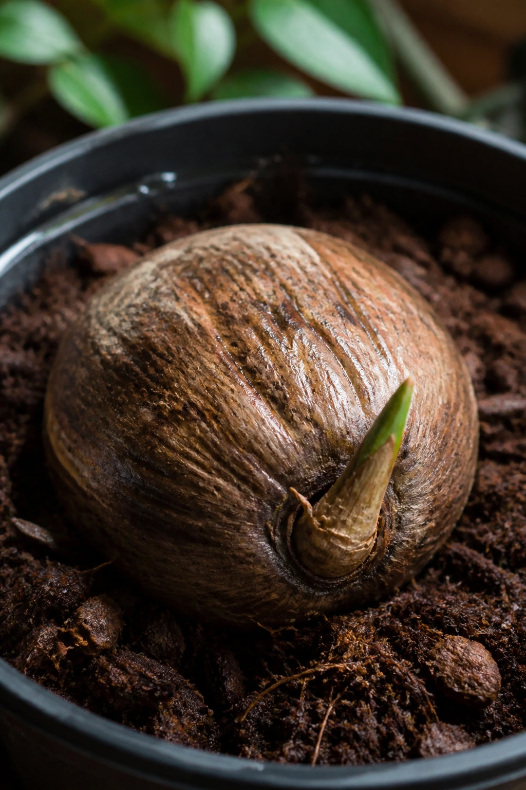 Sprouting coconut seed in moist planting medium with tiny shoot