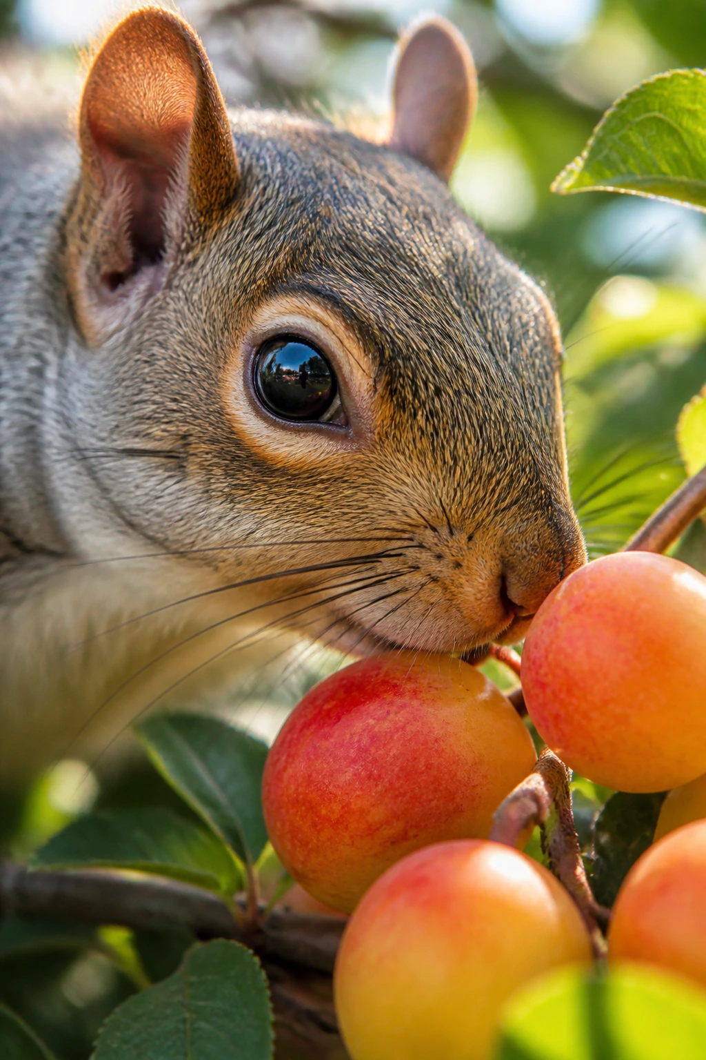 Close-up portrait of a squirrel sniffing ripe fruit in a garden
